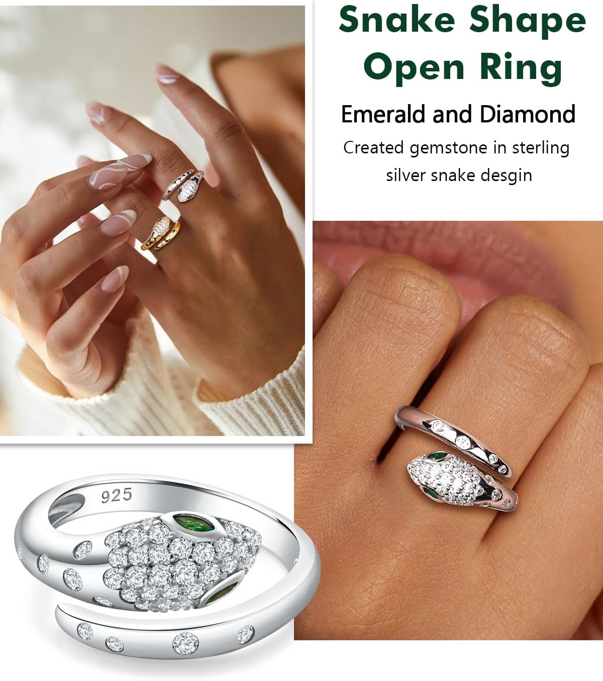 Fashion Snake Rings for Women Sterling Silver/14K Gold Plated Statement Cocktail Ring Punk Jewelry Adjustable Open Emerald CZ Snake Finger Ring Size 6-10 - Image 3