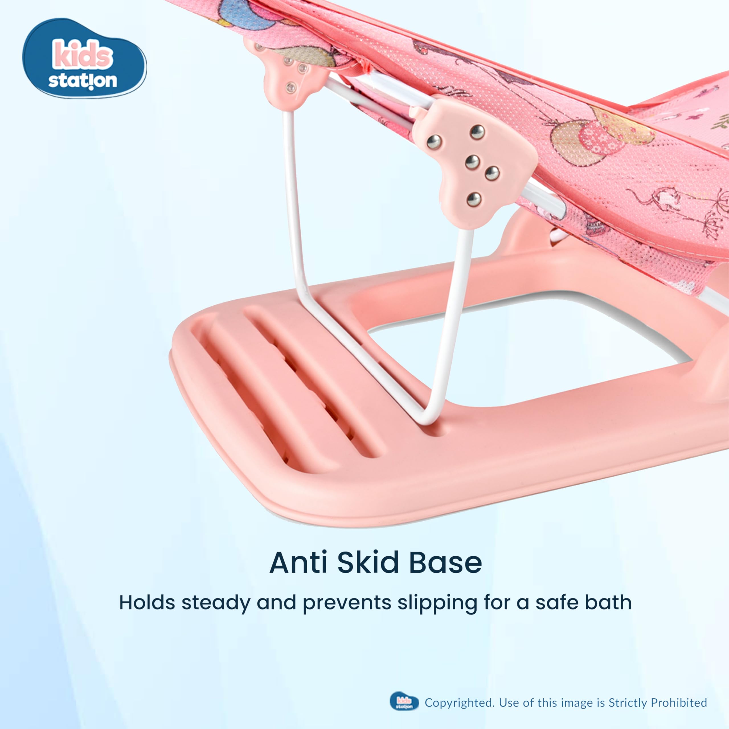 Kids Station Newborn Baby Bather | Bath Chair for Newborns and Infants 0-12 Months | Foldable | 3 Position Adjustable Chair | Anti Skid Base | Washable Soft Mesh Seat | for Babies Upto 5Kg (Pink) - Image 4 thumbnail