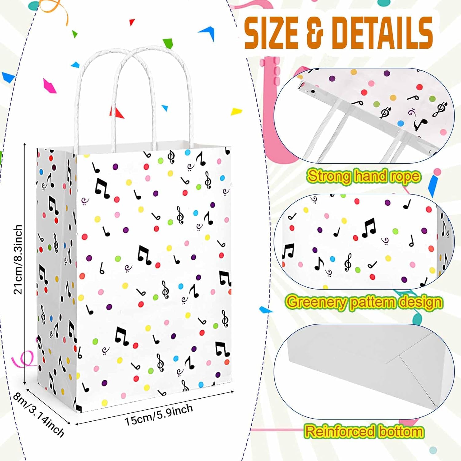 24Pack Muiscal Notes Paper Gift Bags Colorful Musical Party Favor Bags for Baby Shower Music Themed Birthday Party Supplies - Image 2