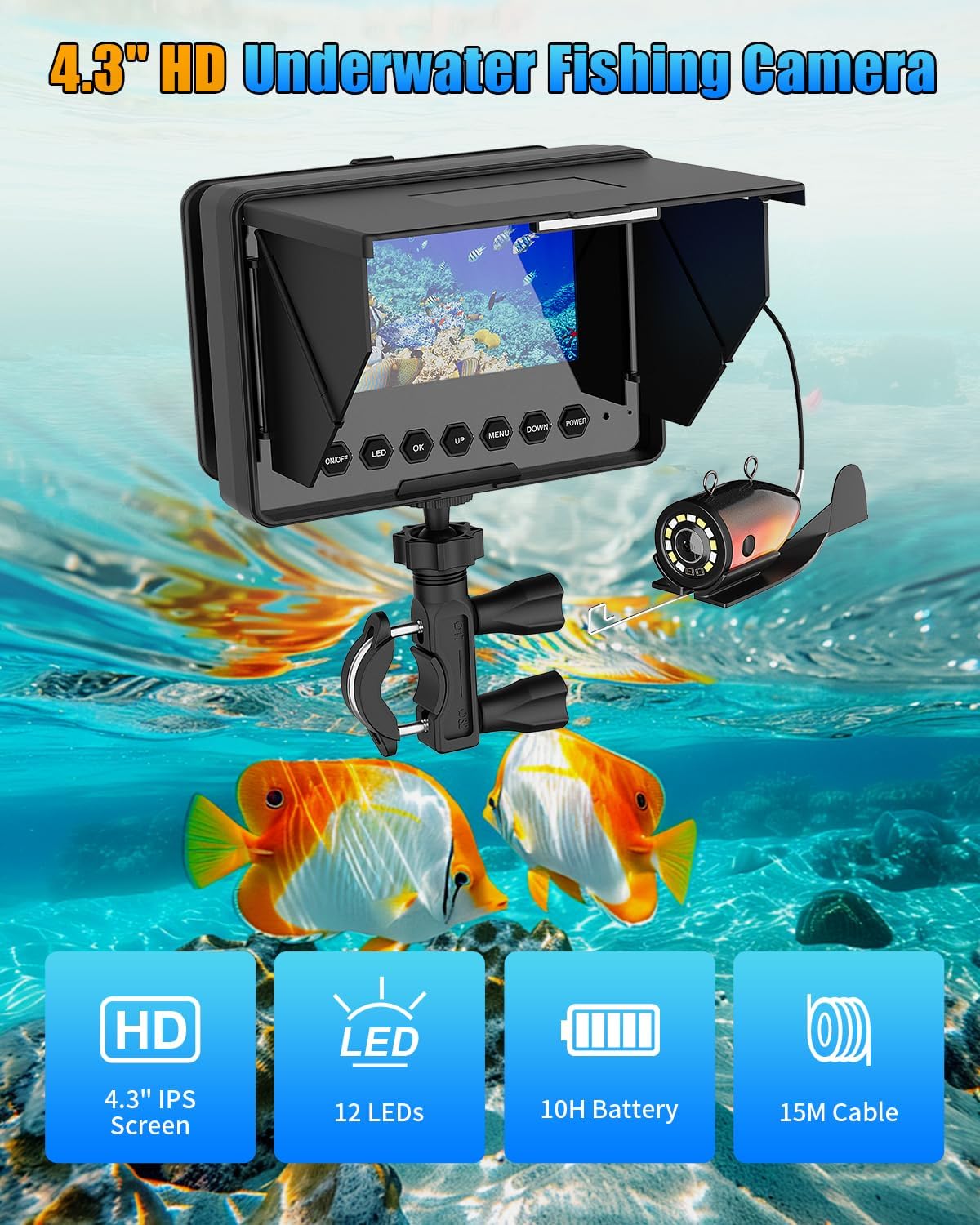 Underwater Fishing Camera, 4.3" IPS HD 1200TVL Fish Camera with 50ft Cable, 3X Zoom, 6 White & 6 IR LEDs for Kayak, Sea & River, 8500mAh Battery, Portable Underwater Camera for Fishing(Easy to Use)