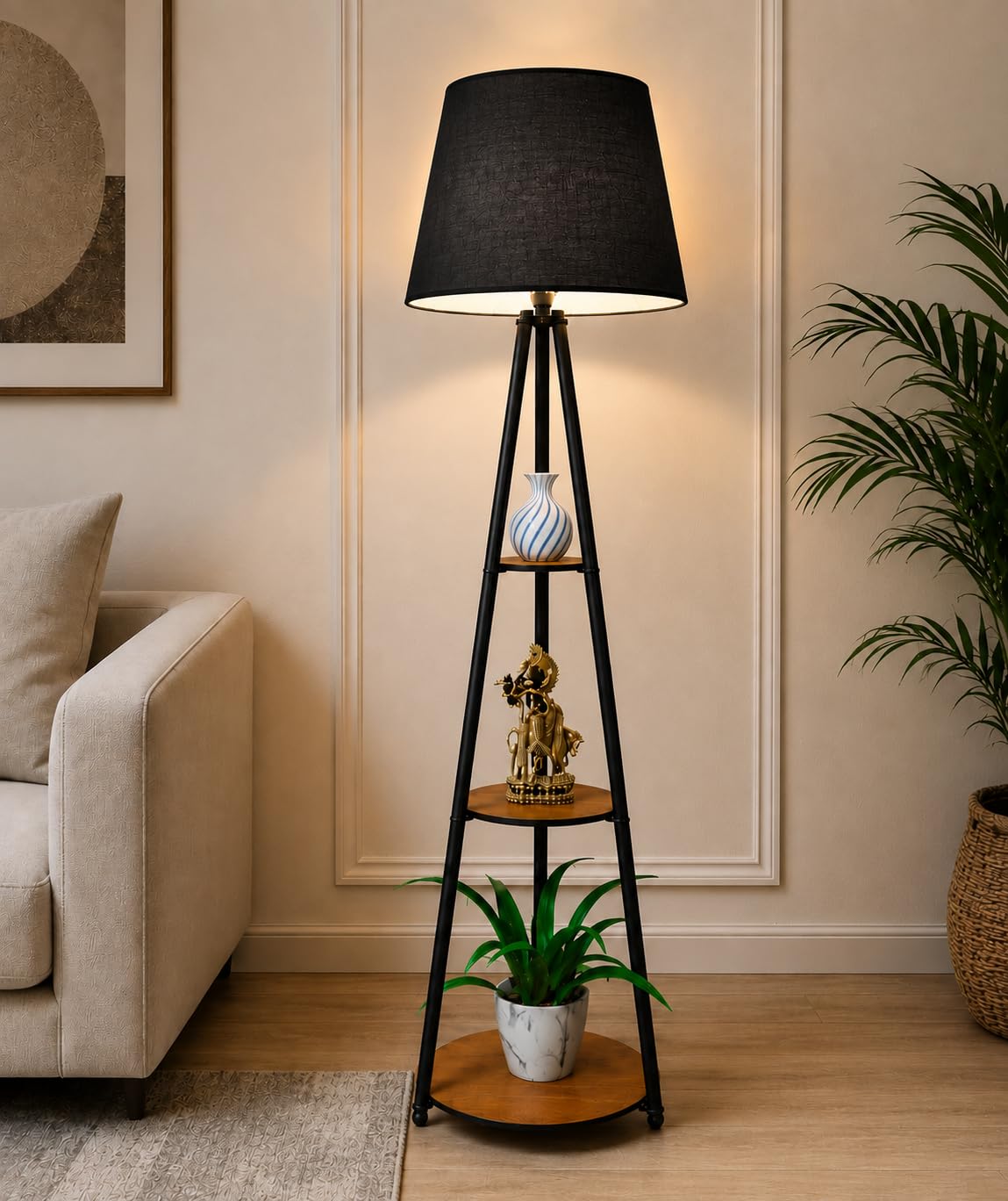 Modern Metal Floor Lamp with 3 Tier Storage Shelves & Black Shade – Corner Standing Lamp for Living Room, Bedroom (Black)-image-28