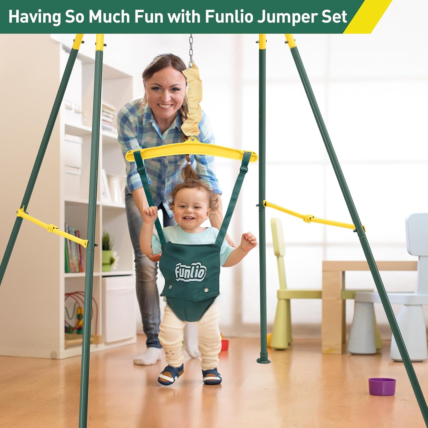 A baby happily bouncing in the FUNLIO Baby Jumper with an adult supervising in the background, demonstrating indoor use.