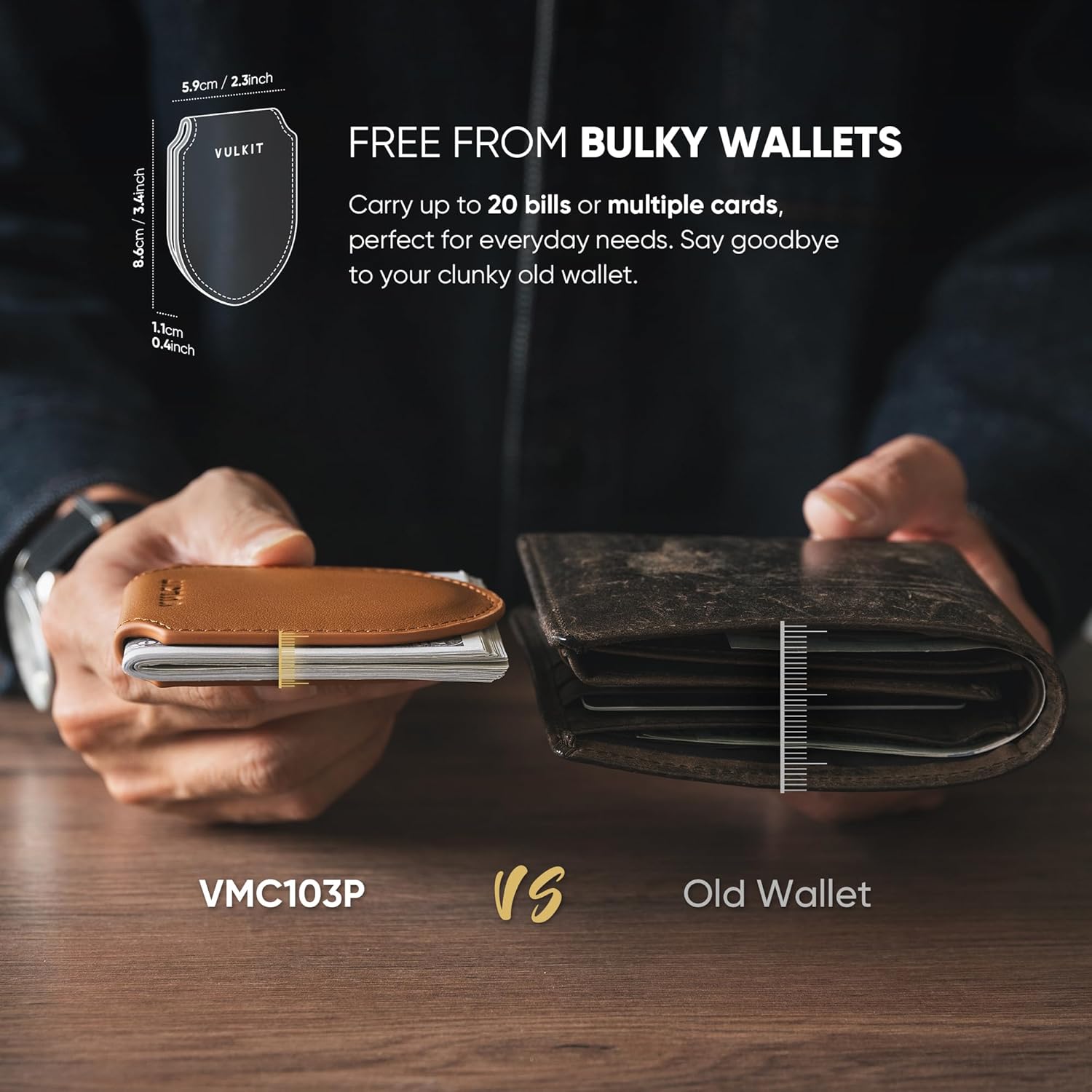 VULKIT Luxury Money Clip Genuine Leather Magnetic Closure Streamline Design Money Clip Wallet, Holds Up to 20 Bills - Image 3