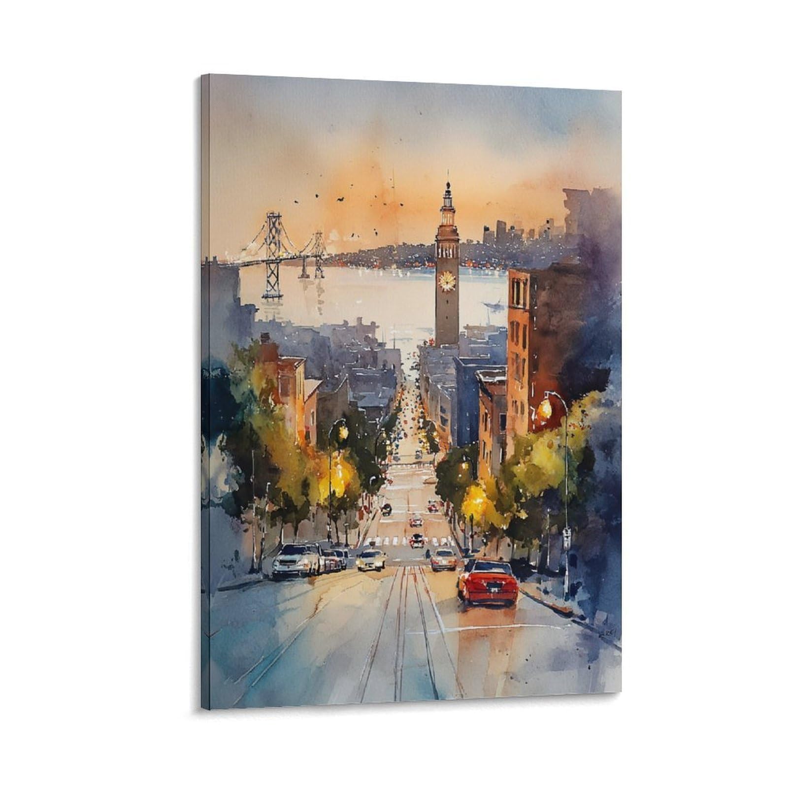 LCYNNH San Francisco Watercolor Painting 20x30inch(50x75cm) Vintage Travel Poster Watercolor Canvas Art