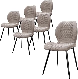 LEWE Juegos de 6 Sillas de Comedor de Lino, Estilo Moderno a Cuadros con Pata de Metal, Tapizadas, Silla de Cocina sin Brazos para Restaurante/Salón/Dormitorio, [Marrón]