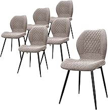 LEWE Set of 6 Linen Dining Chairs, Modern Style Checkered with Metal Leg, Upholstered Armless Kitchen Chair for Restaurant/Living Room/Bedroom, [Brown]