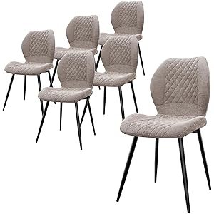 LEWE Juegos de 6 Sillas de Comedor de Lino, Estilo Moderno a Cuadros con Pata de Metal, Tapizadas, Silla de Cocina sin Brazos para Restaurante/Salón/Dormitorio, [Marrón]