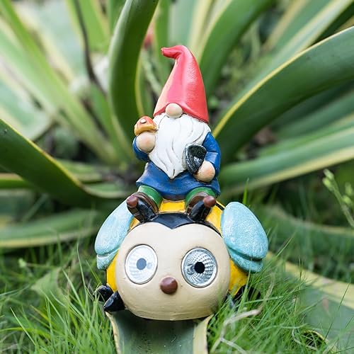 Miniatura 6 de Estatua de gnomo de jardín para decoración al aire libre con lámpara LED solar, gnomos de jardín sentados en la estatua de mariquita para decoración