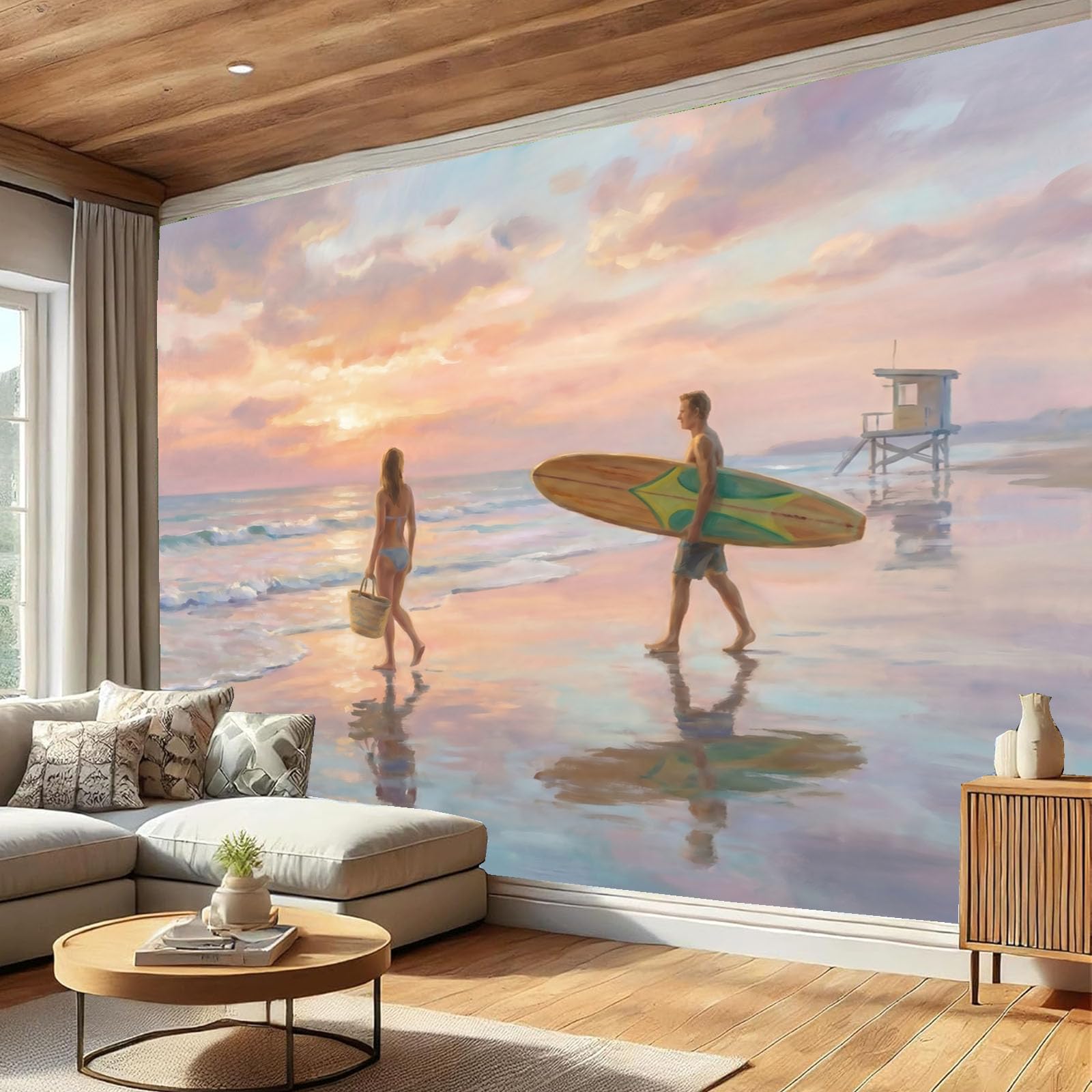 Papier peint panoramique pour habiller un grand mur de salon rose