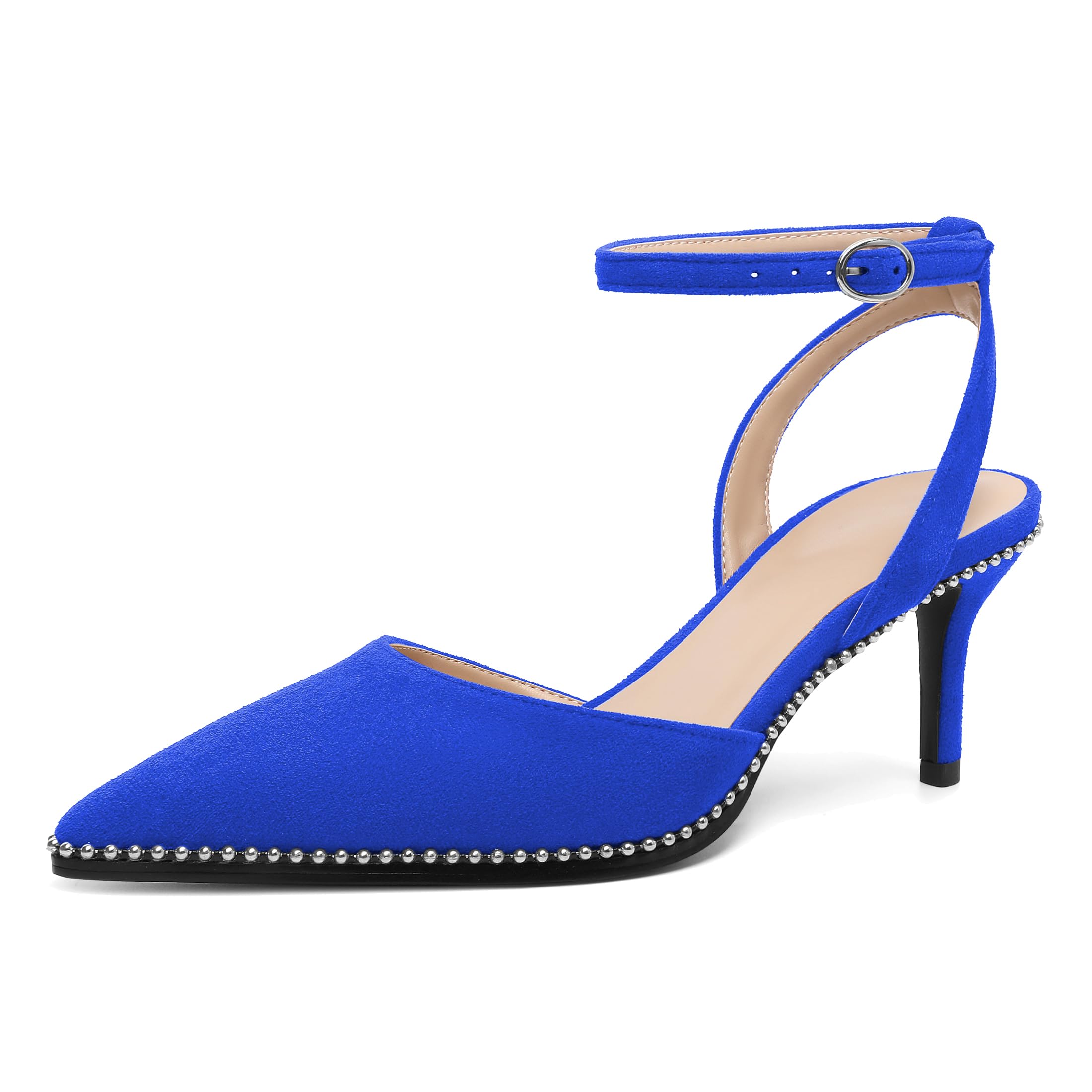 SAMMITOP Kitten Heels for Women Low Heel Closed Toe Ankle Strap Pumps Wedding Party Beaded Dress Shoes 2.4 Inch