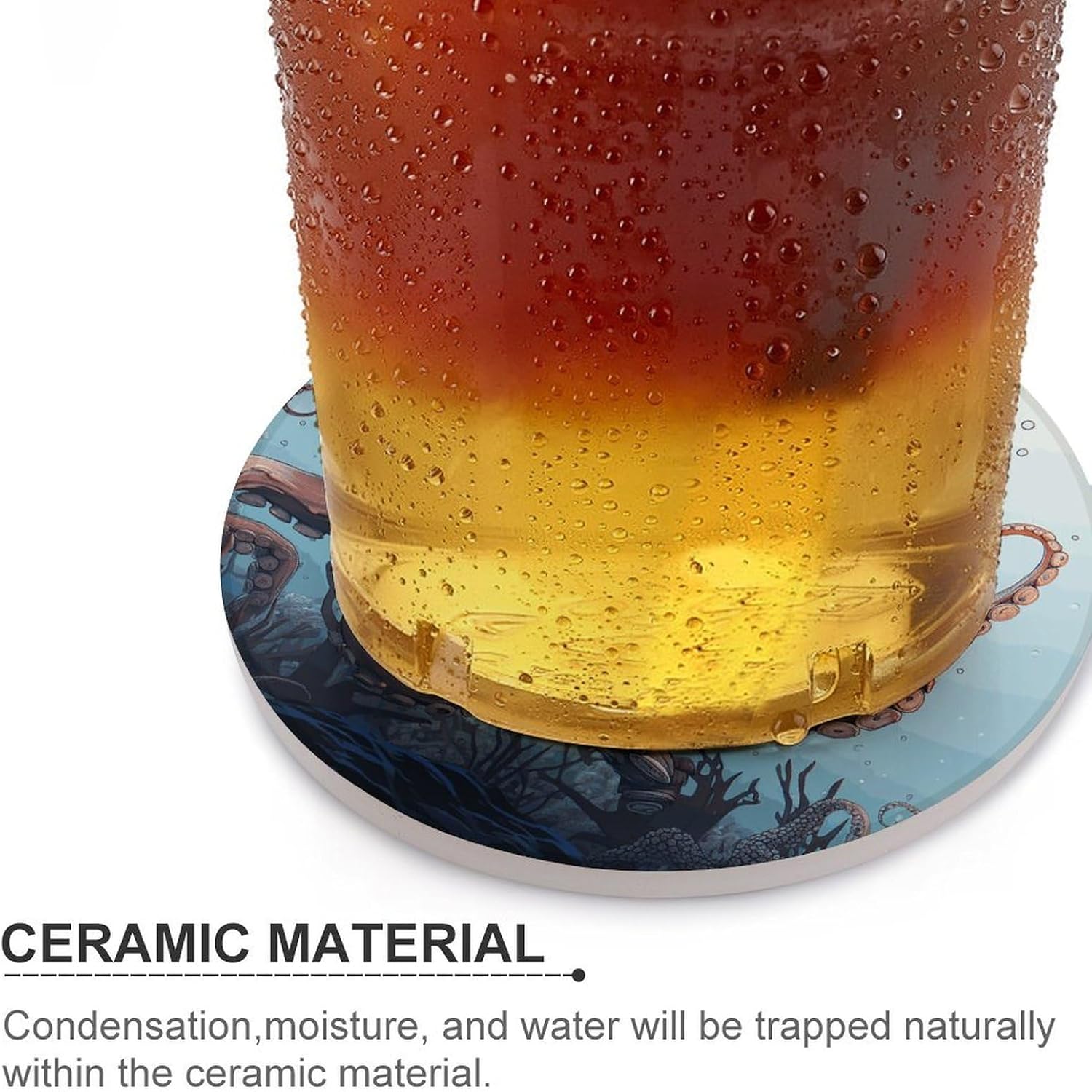 Octopus in The Sea Coasters Round Coasters Set Ceramic Stone Coaster with Cork Base Coffee Cup Beverage Cup Mat Cute Funny Table Drinks Coaster for Mugs and Cups Office Kitchen