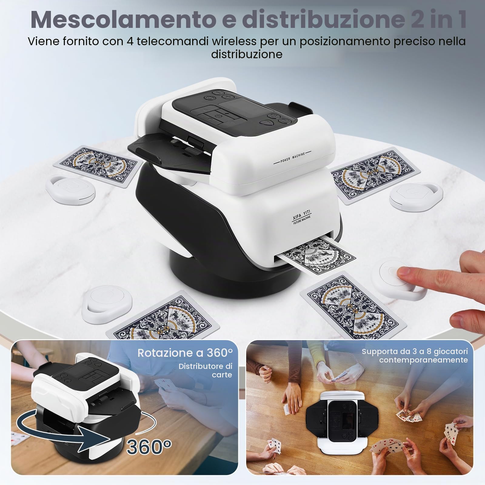 2 in 1 Mescolatore e Distributore Automatico di Carte, Rotazione 360° Macchina di miscelazione elettrica con 4 Telecomandi, Modalità di Gioco Integrate per Giochi Come Poker per 1-8 giocatori