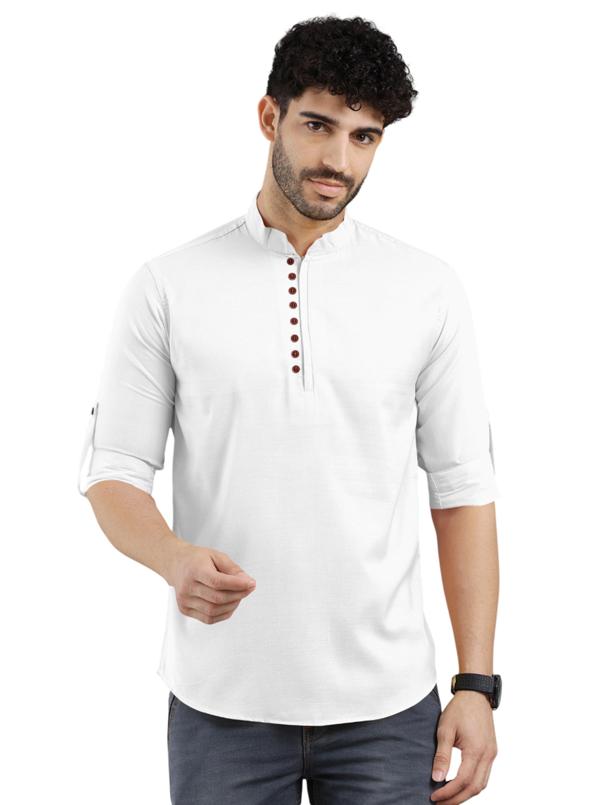 zombom Men's Cotton Polyester Blend Regular Fit Zipper with Button Roll-Up Full Sleeve Short Kurta with Super Soft | Stylish Design Comfortable Straight Kurta for Casual Outings-picture-14