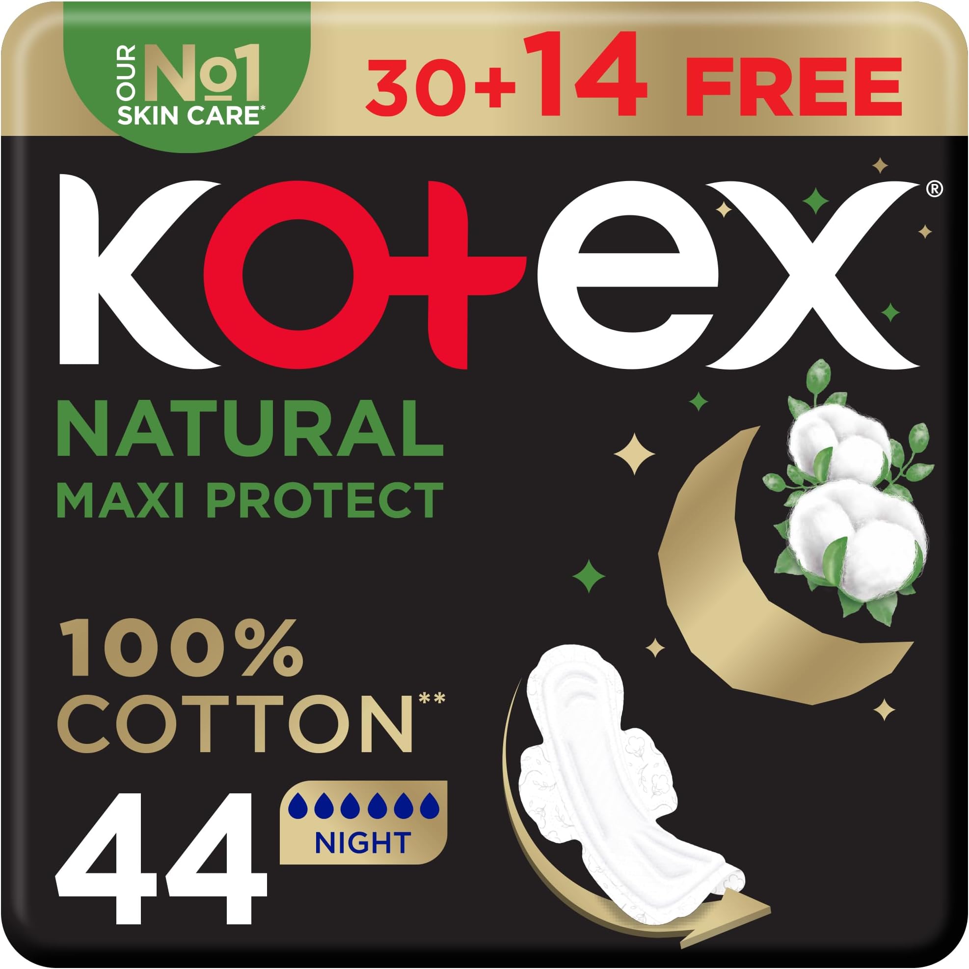Natural Maxi Protect Thick Pads, 100% Cotton Pad, Overnight Protection Sanitary Pads with Wings, 44