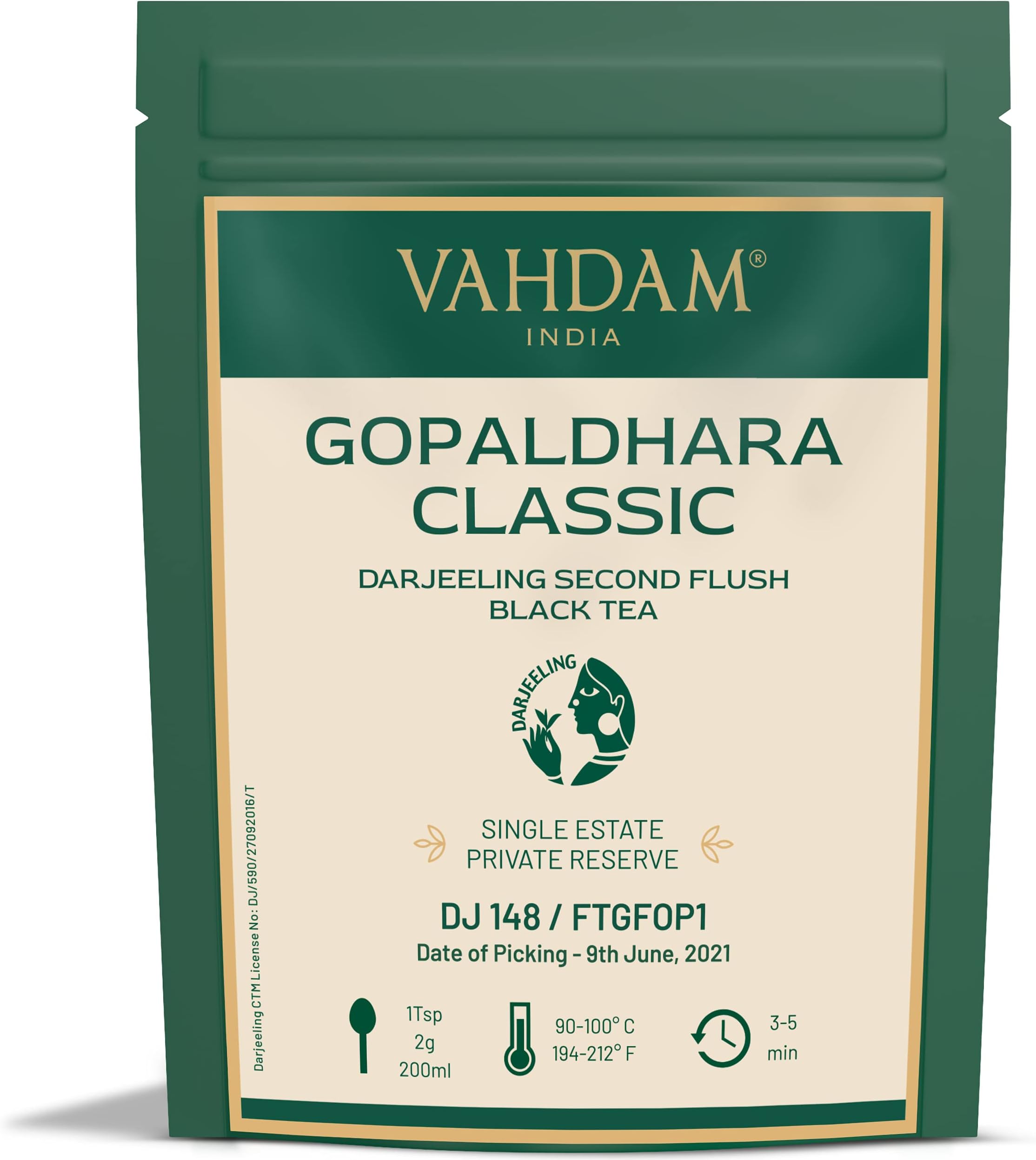 VAHDAM, Gopaldhara Classic Darjeeling Second Flush Black Tea 2021 | 3.53Oz/100g, 100% Unblended Darjeeling Black Tea | Premium Loose-Leaf Tea | Single Estate Tea | Brews 50+ Cups