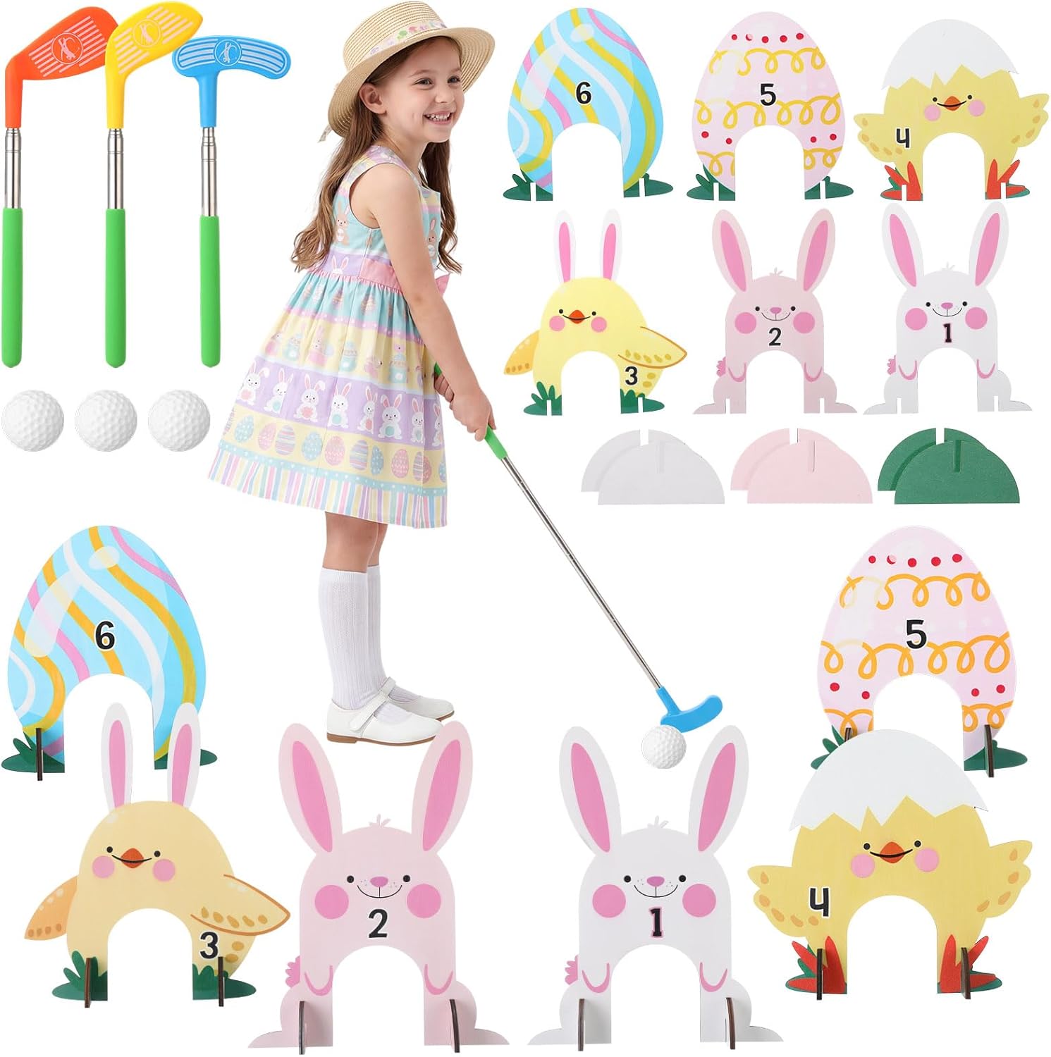 Easter Games Easter Mini Golf Game Set 6 Bunny & Chick Themed Wooden Golf Holes with 3 Extendable Putters and 3 Balls for Fun Indoor Outdoor Family Party Game Supplies