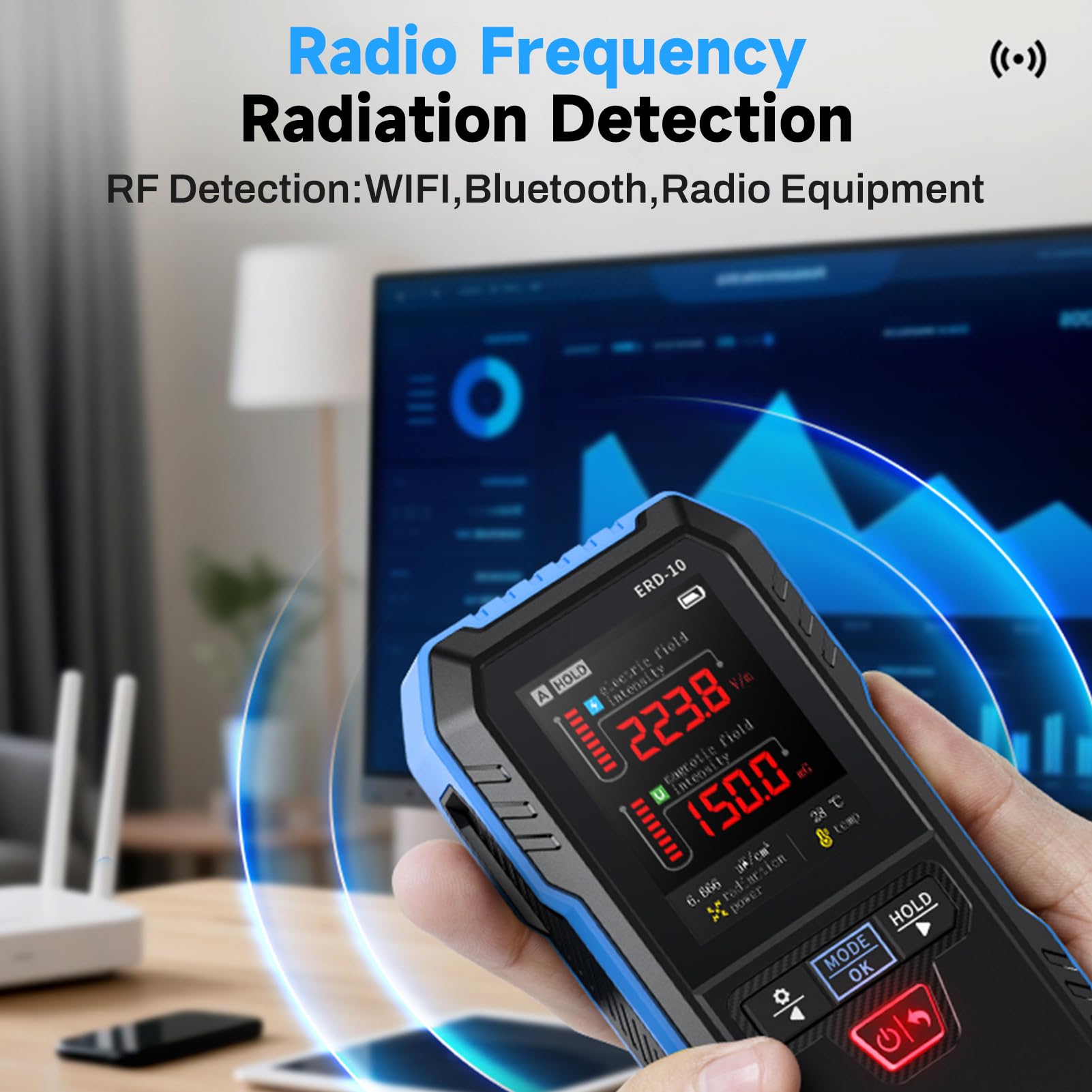 DEWIN ERD-10 EMF Messgerät Strahlungsdetektor, 3-in-1 Tragbarer Handheld Detektor für Elektromagnetische Strahlung Gleichzeitige Messung von EF, MF, RF