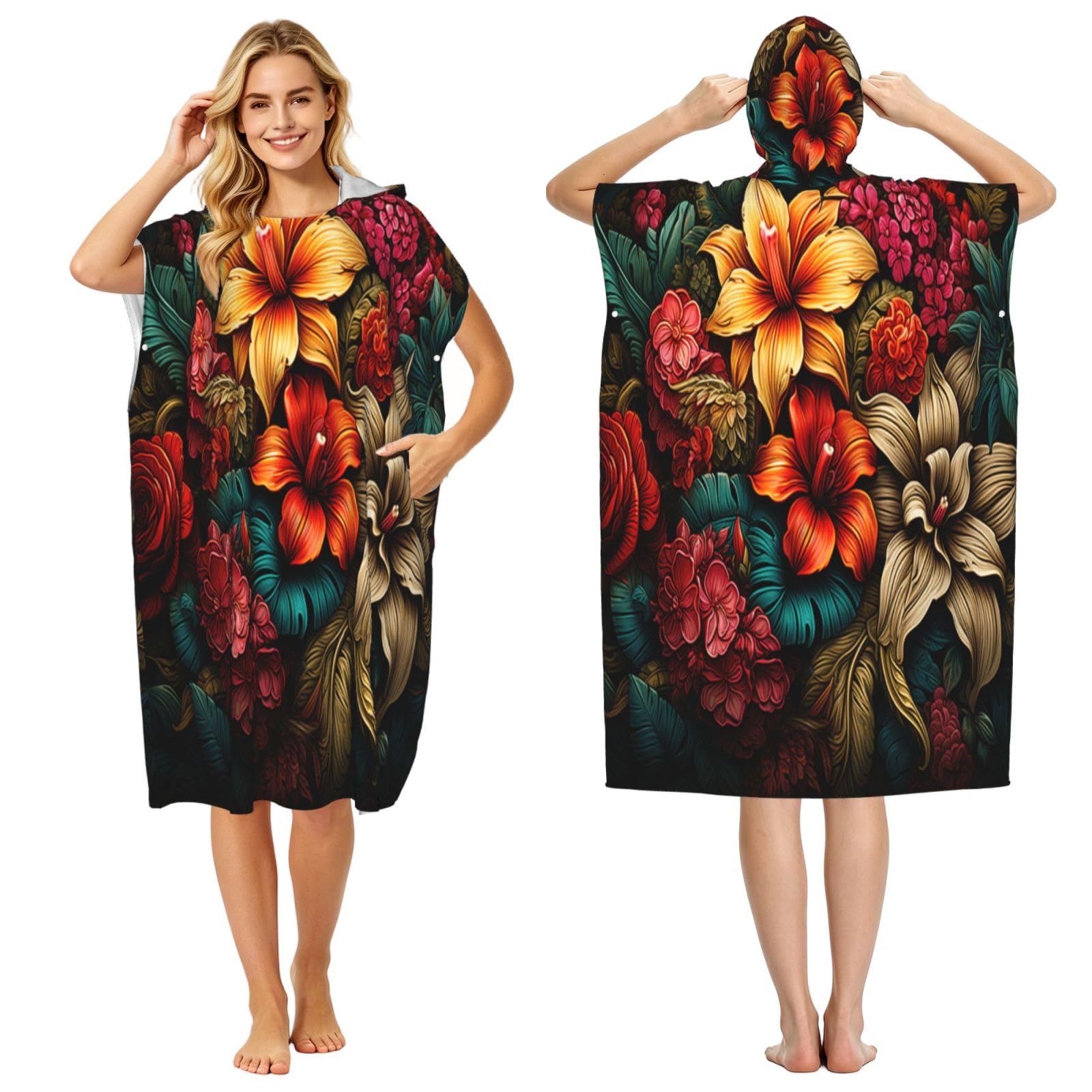 DTHKJNLSF Beautiful Flowers Adult Hooded Beach Poncho Towel