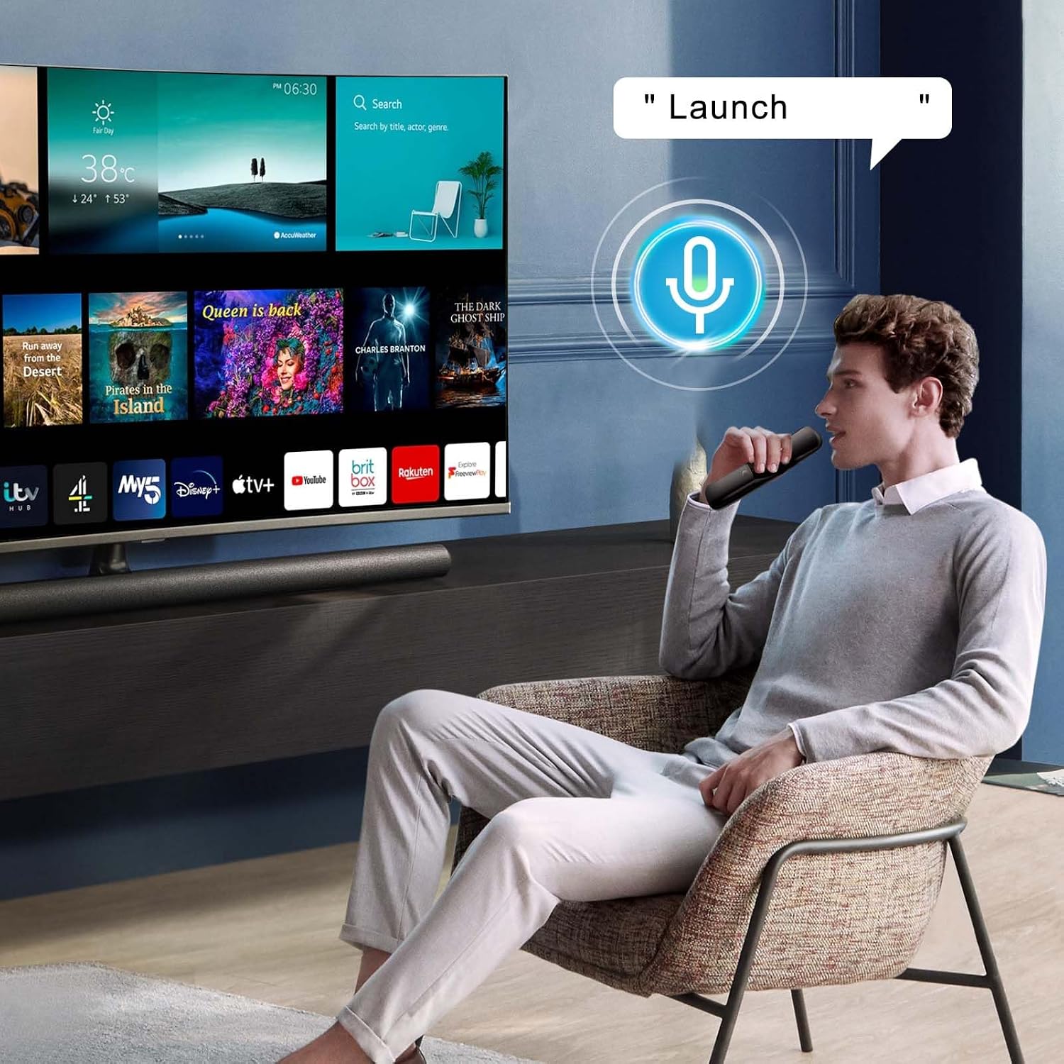 A person using the voice control feature of the YOSUN remote control to interact with an LG Smart TV.