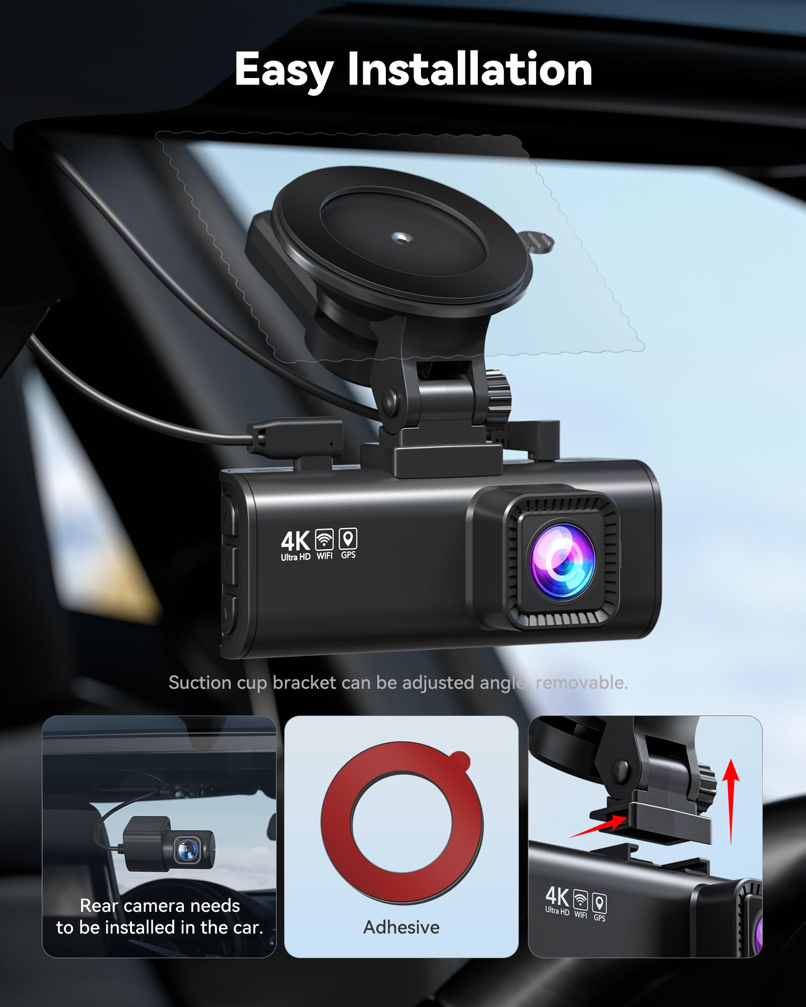 REDTIGER Dash Cam 4K Front and 1080P Rear, STARVIS 2 Sensor, 5.8GHz WiFi (20MB/s), GPS, WDR & HDR Night Vision, 170°Wide Angle, Parking Mode, Loop Recording with Emergency Lock(SD Card Not Included) — view 7