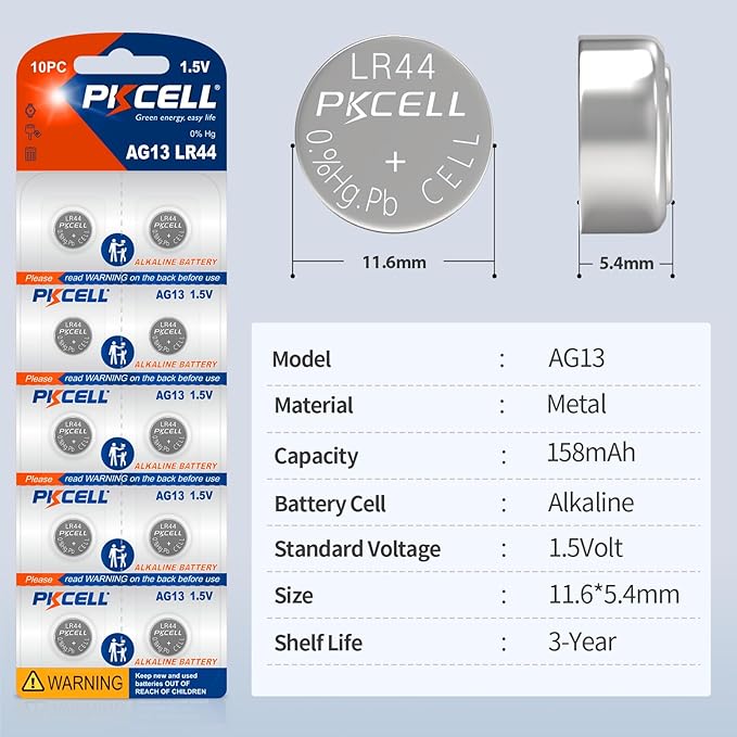 PKCELL LR44 Baterías Alcalinas 1.5V 10 Unidades miniatura 2