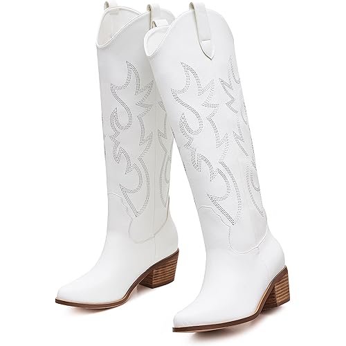 AMINUGAL Cowboy Boots For Women Wide Calf Pull On Knee High Cowgirl Boots Women Chunky Heel Embroidered Western Boots Women Knee High Boots…