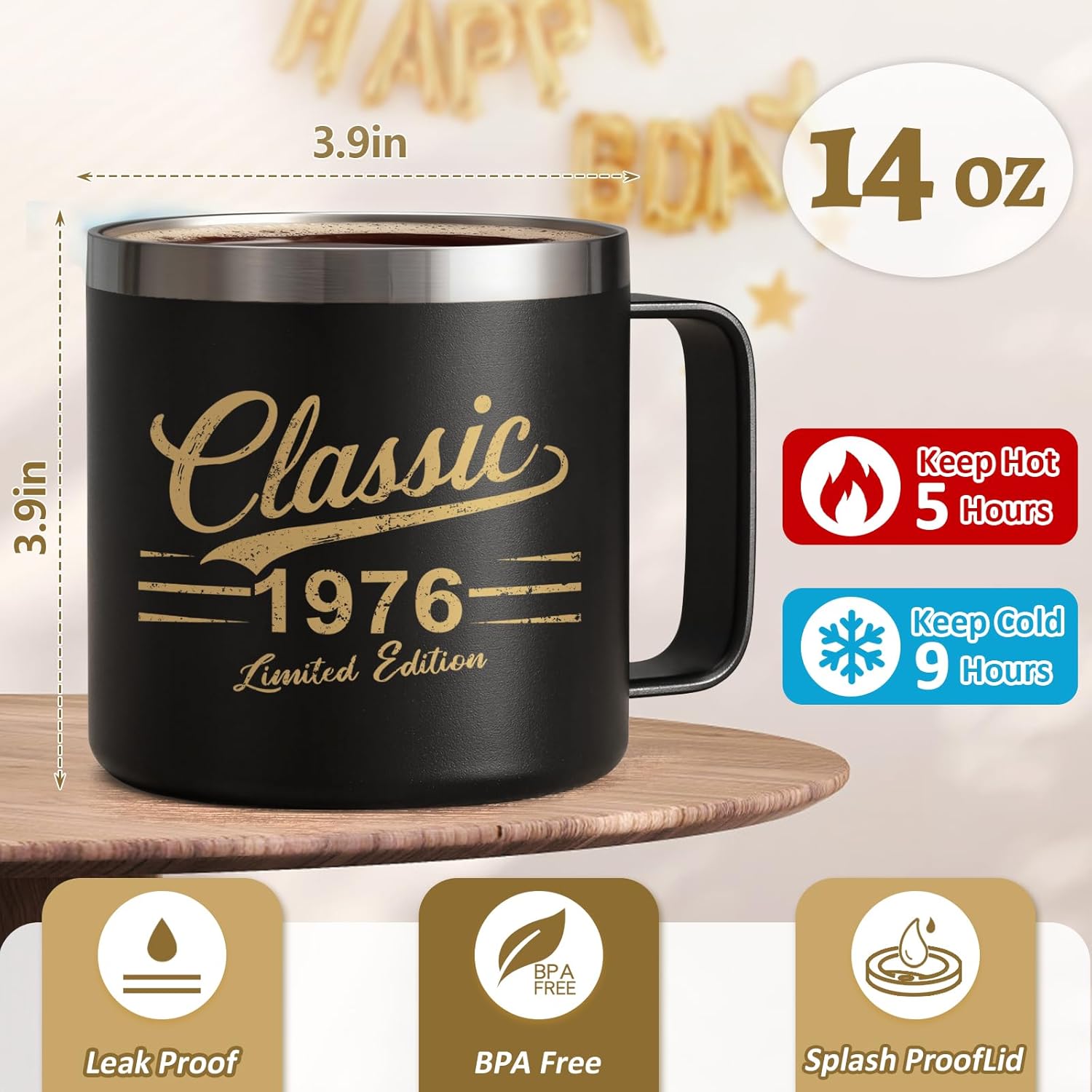 Qtencas 50th Birthday Gifts for Him, Classic 1976 Insulated Coffee Mug with Lid & Straw, Mens Birthday Gift Ideas for Dad, Brother, Uncle, Husband (14oz, Black) - Image 4