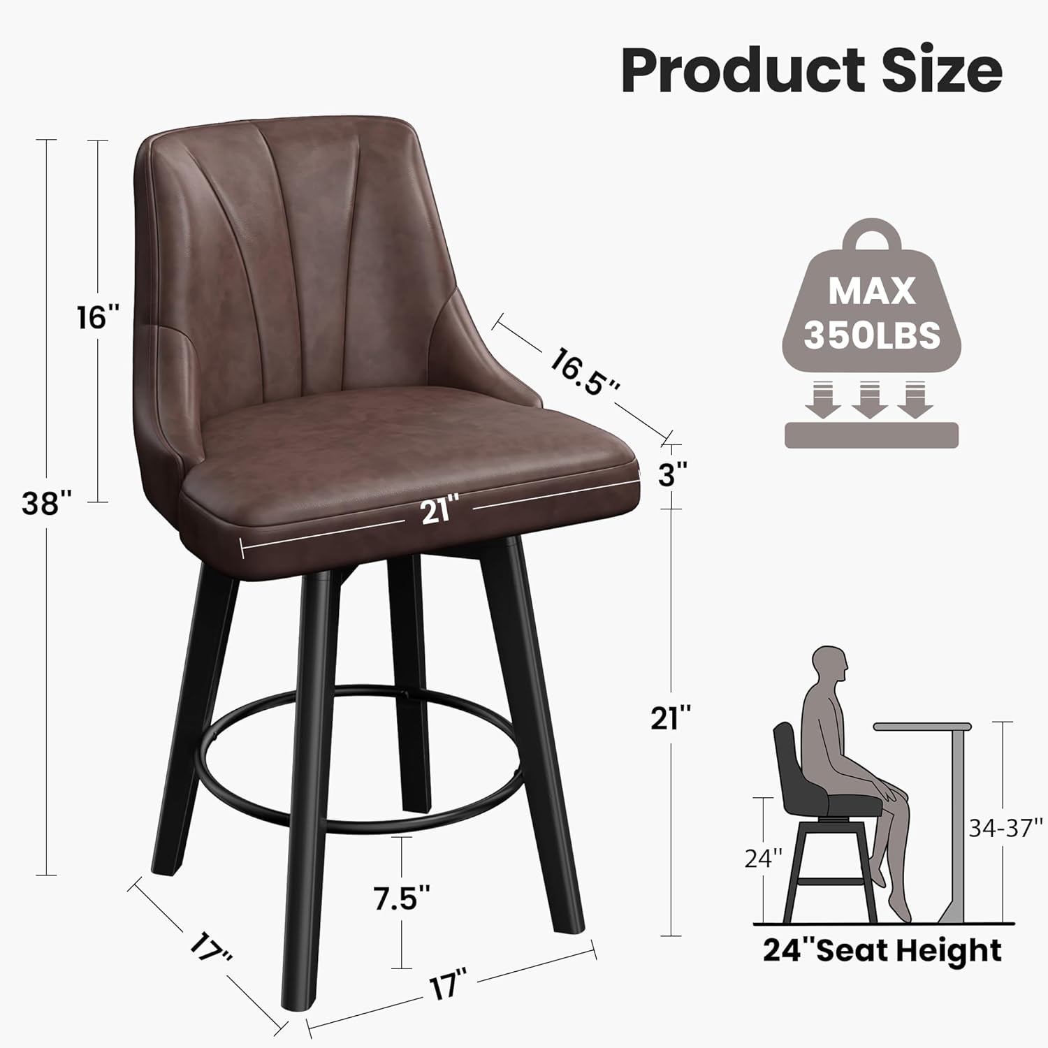 Counter Height Swivel Bar Stool, 24" Upholstered PU Leather Barstools Set of 4, Counter Stool Chair with Back & Solid Wood Legs for Kitchen Island Dining Room (Brown)