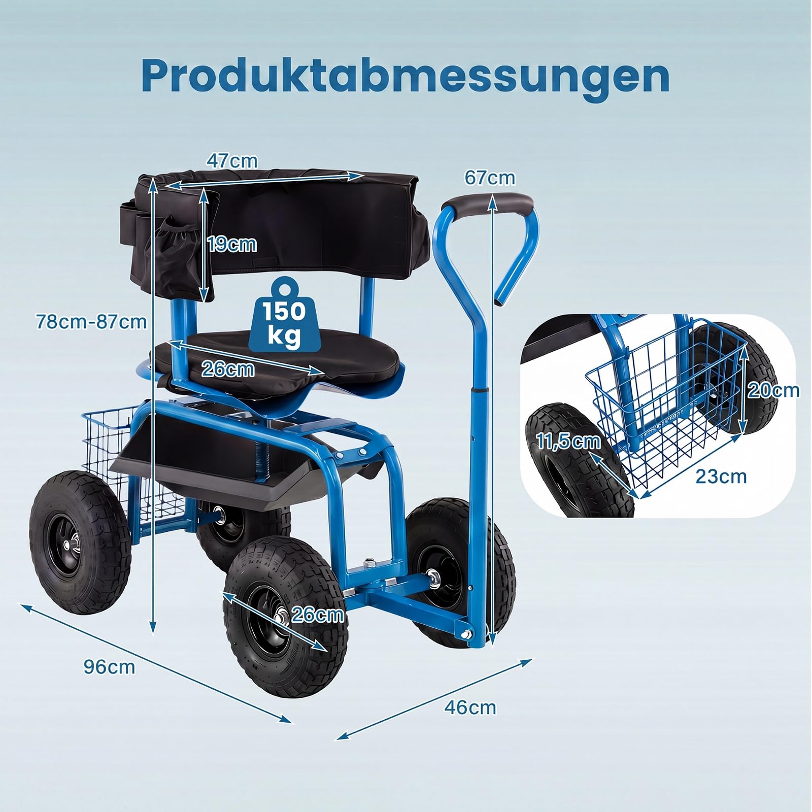 COSTWAY Gartenwagen mit Rollsitz & ausziehbarem Griff, Mobiler Gartensitz mit Ablage & Korb & Werkzeugtasche & Sitzkissen, 360 ° drehbar | höhenverstellbar, Lenkbarer Gartenhocker bis 135 kg (Blau)