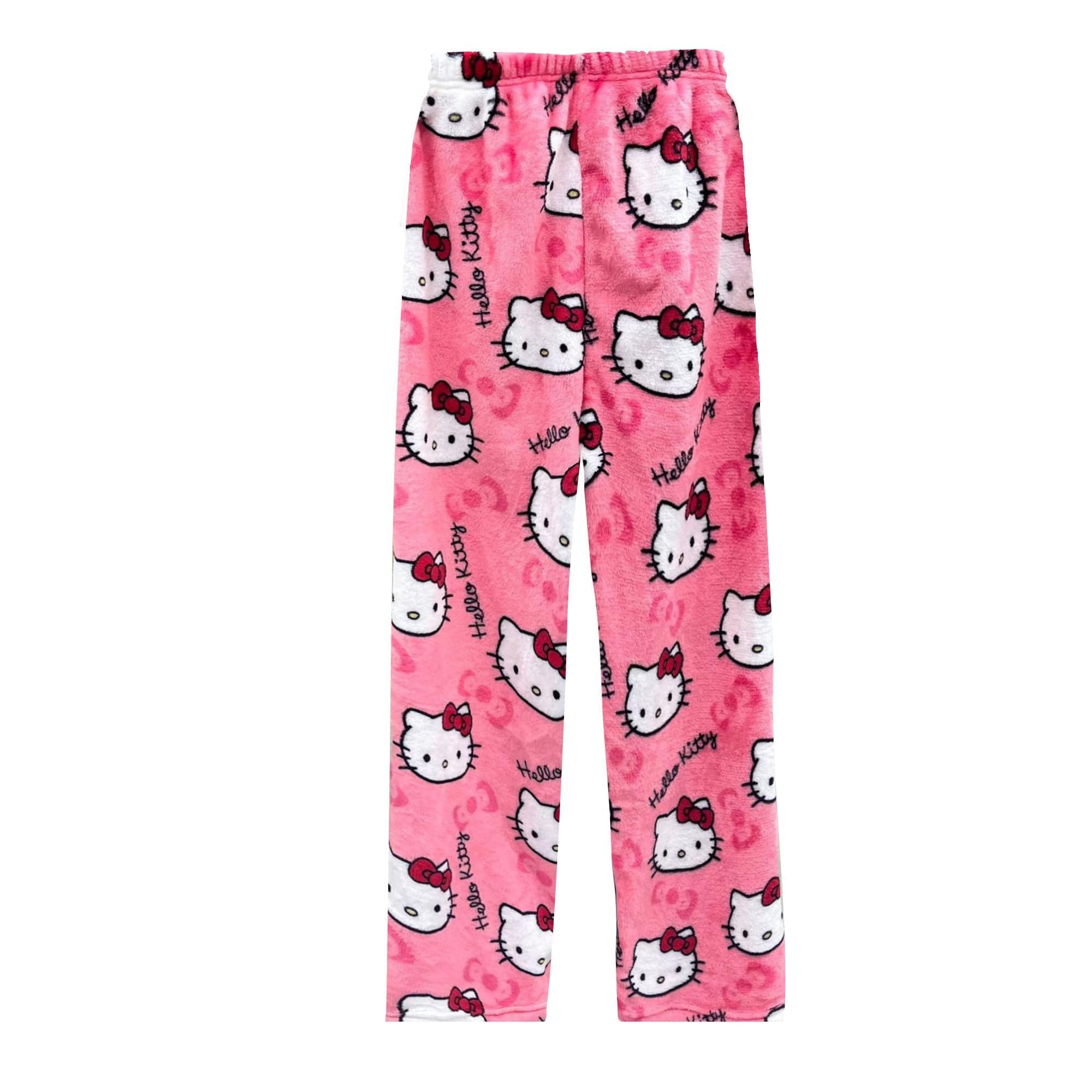 ChfukewKawaii Pajamas for Women Girls Cartoon Cat All Over Print Flannel Christmas Halloween Anime Soft Sleep Pajamas Pants