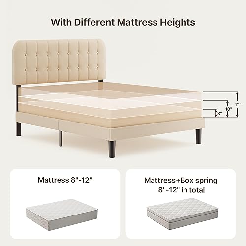 Miniatura 8 de Gizoon Base de cama Queen con cabecero, cama de plataforma tapizada con listones de madera resistentes, sin ruido, no necesita somier, fácil