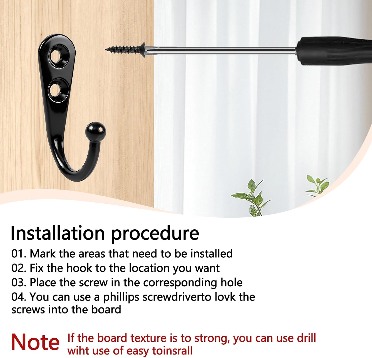 10 Pack Command Hooks, Black Heavy Duty Metal Shower Curtain Hooks with 20 Pieces Screws for Bathroom, Kitchen, Closet, and Garage, Easy to Use