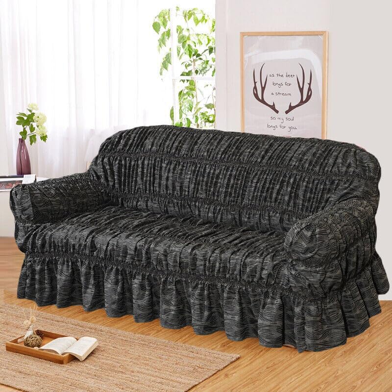Elastic Premium Jacquard Sofa Covers - 1/2/3 Seater Slipcovers - Stylish Couch Protectors (Black-Grey, 2 Seater)