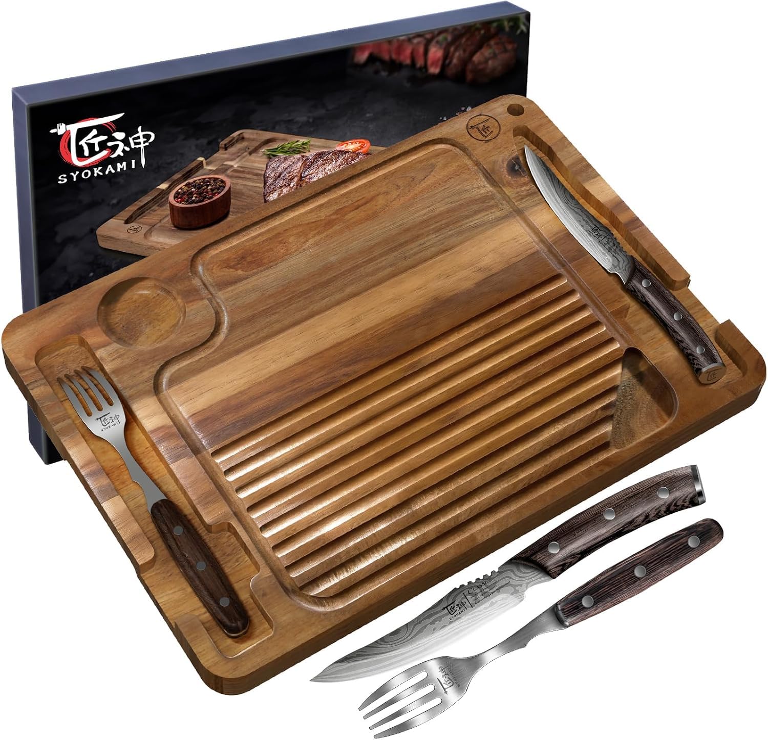 SYOKAMI Holz-Steakbrett-Set mit 1 glatten Steakmesser und 1 Gabel