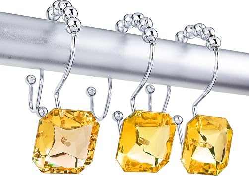 Shower Curtain Hooks Rings for Bathroom, 12PCS Double Hooks Glide Anti Rust Crystal Rhinestones Shower Curtain Rings Hangers for Shower Curtains, Clothing, Towels, etc. Gold