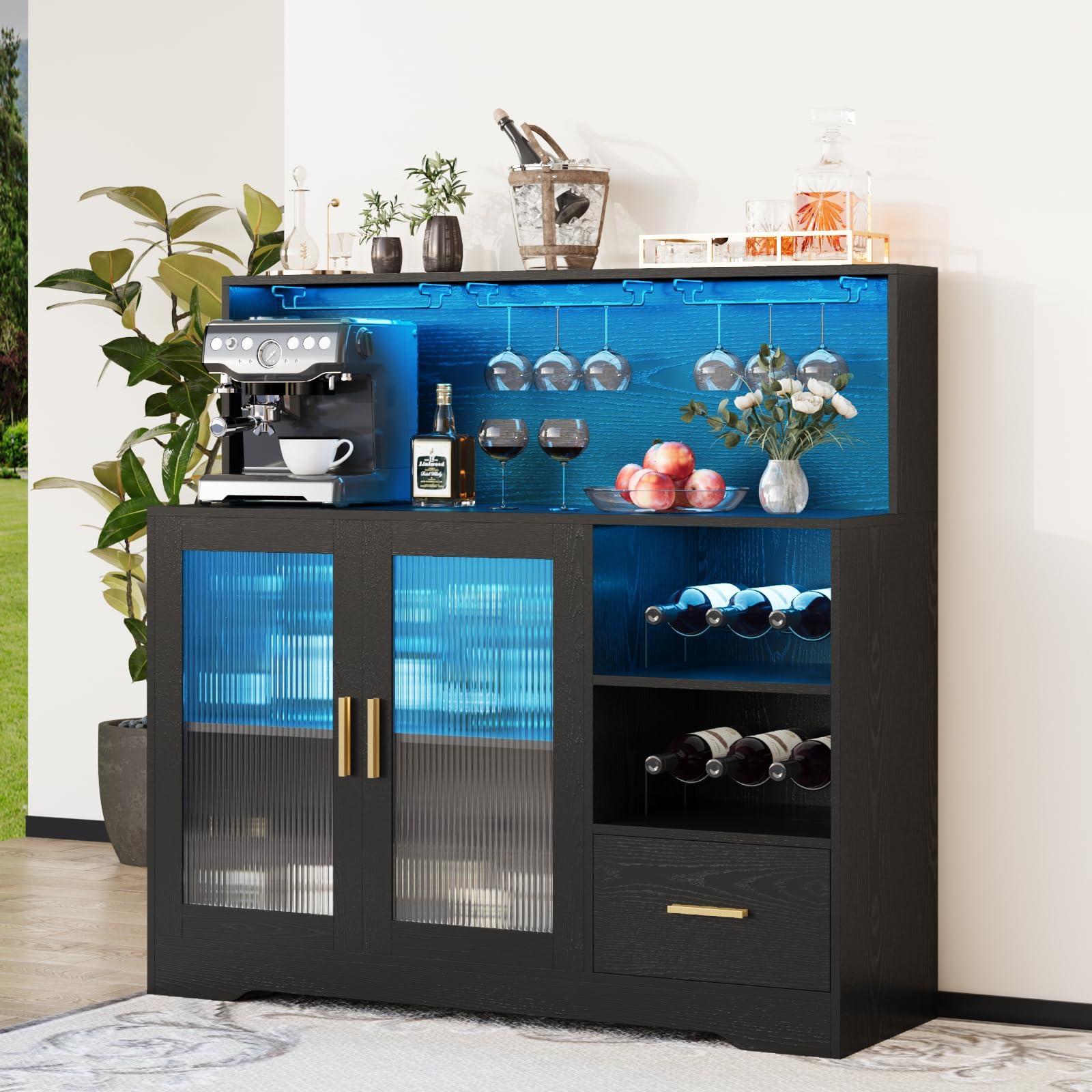 Bar Cabinets for Home with LED Light & Storage Drawer & Glass Holder & Wine Rack & Power Outlet & Door & Shelves for Living Room Kitchen Modern Black