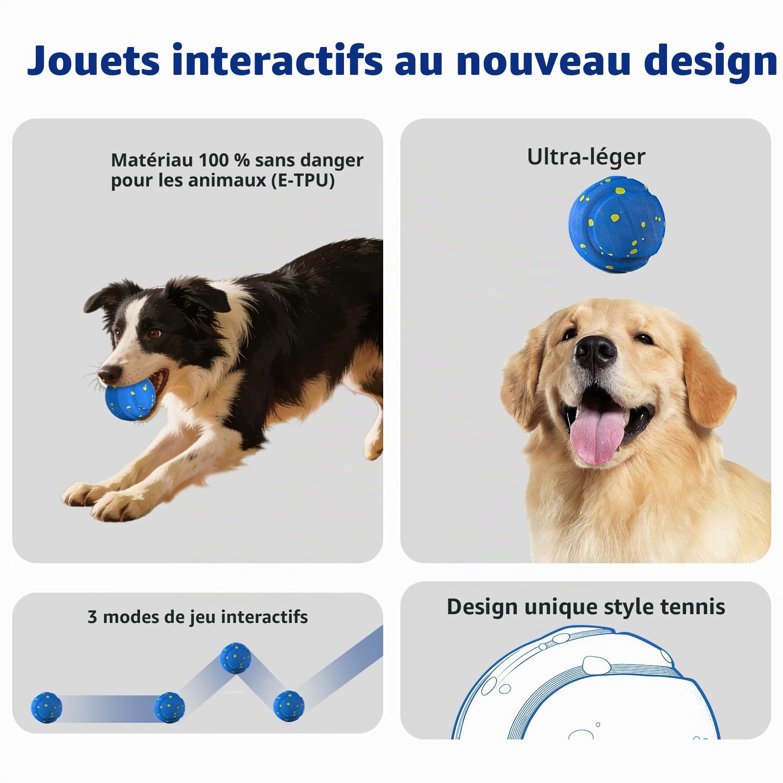 Balle Interactive Chien, Jouet Chien Balle, Balle Chien Qui Bouge Toute Seule, USB Rechargeable Intelligent Jouets pour Chiens 3 Modes interactifs, pour Chiots à Grands Chiens(Blau)