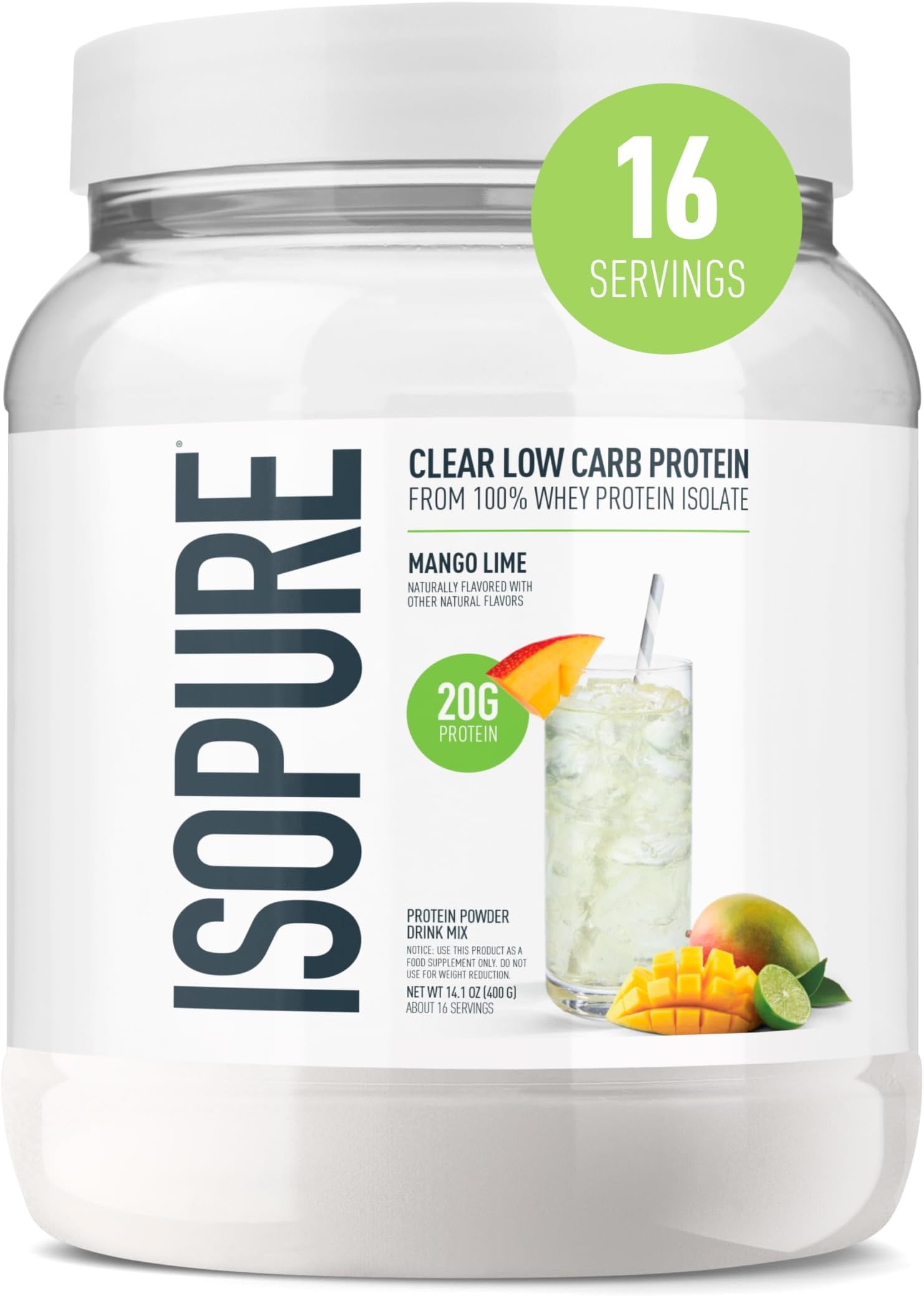 Isopure Protein Powder, Clear Whey Isolate Protein, Post Workout Recovery Drink Mix, Gluten Free with Zero Added Sugar, Infusions- Mango Lime, 16 Servings
