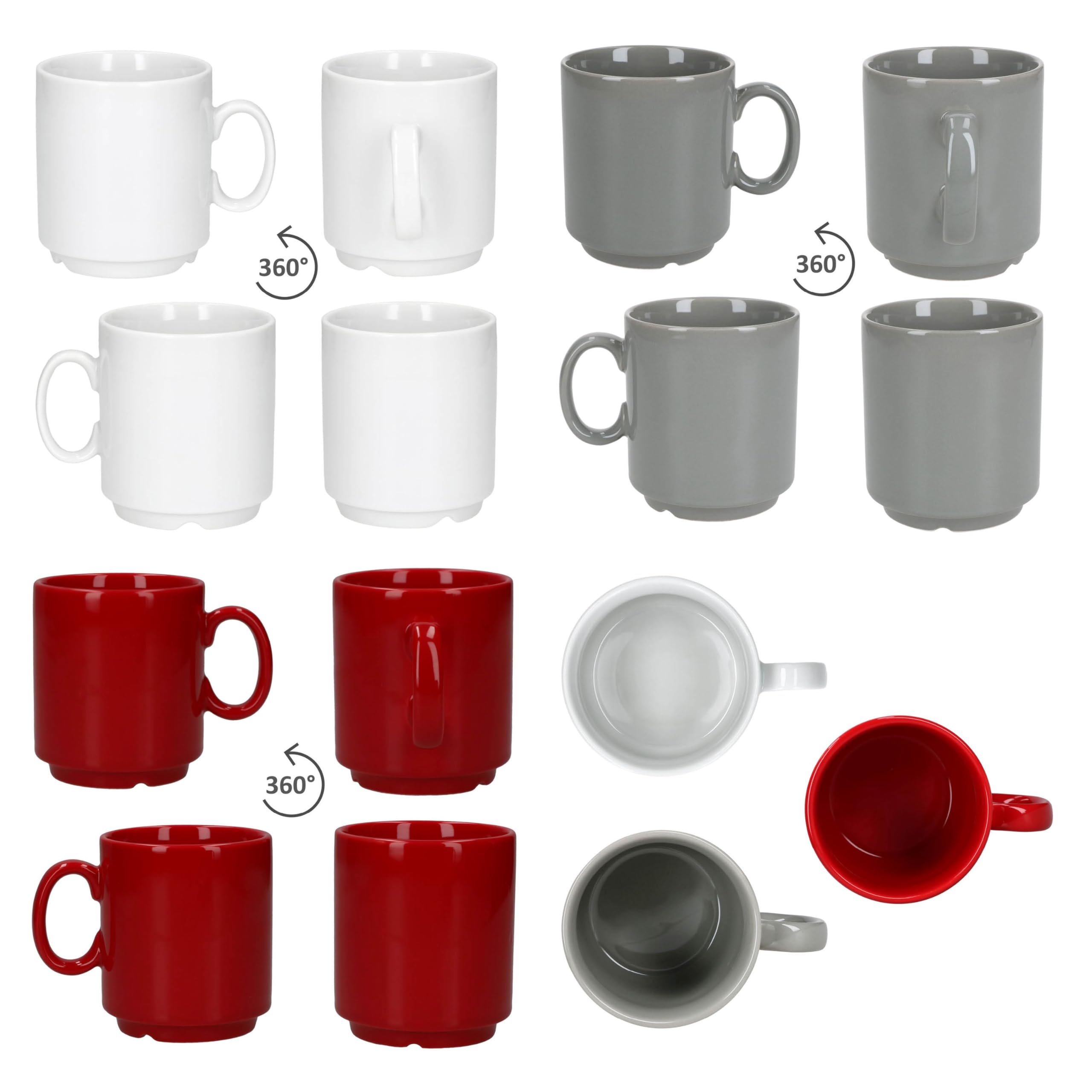 MamboCat Event Trio 36er Set Kaffeebecher I 250 ml I graue, rote & weiße Porzellan-Becher mit Henkel I 36 Personen I stapelbare Tassen für Tee, Kakao, Latte Macchiato & Co I Kaffee-Geschirr