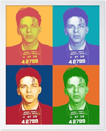 Poster Master Singer Mugshot Print - Retro Ol Blue Eyes Poster - Celebrity Musician Art - Colorful Pop Collage Wall Design - Great Living Room or Bedroom Decor - 11x14 White Framed