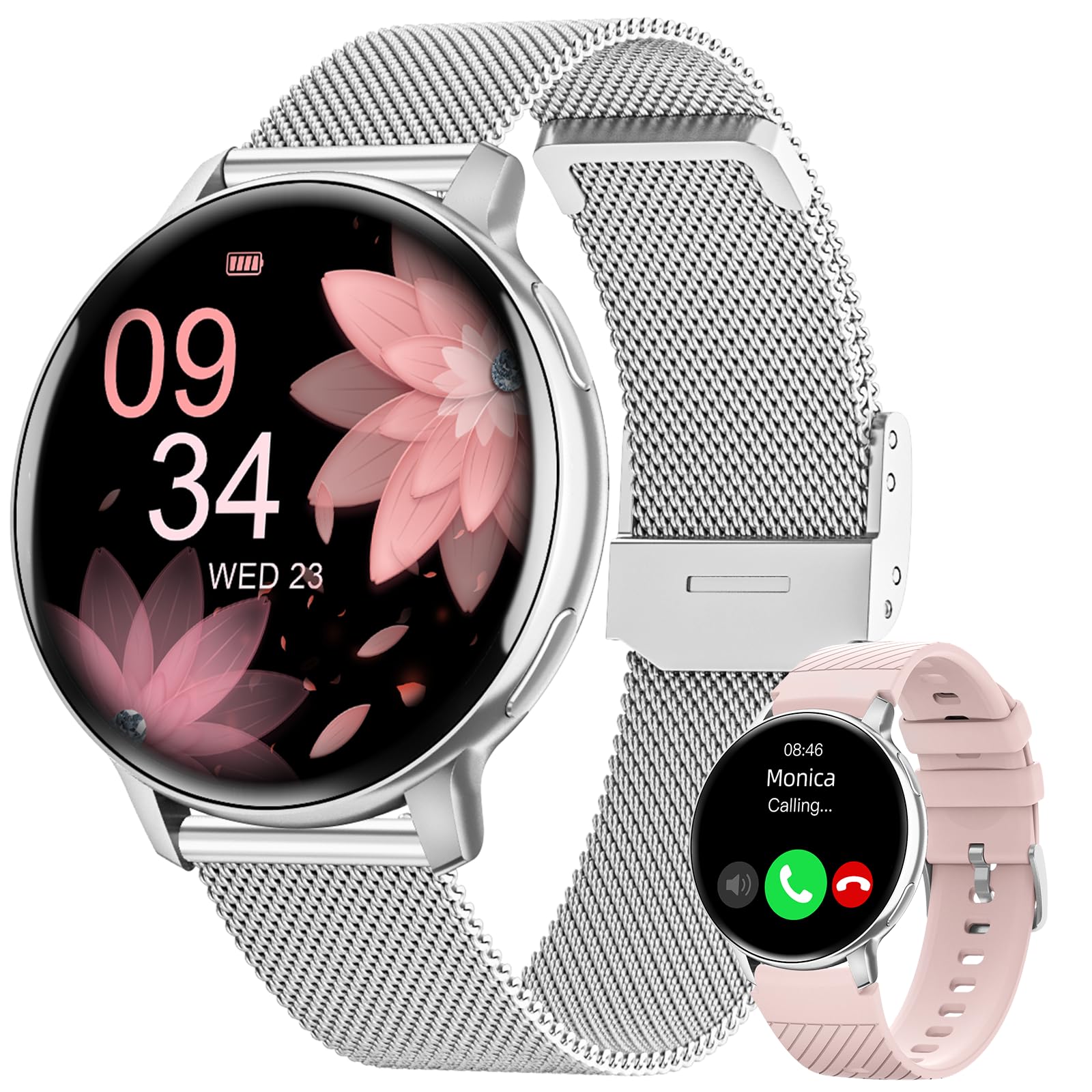 HASAKEI Montre Connectée Femme avec Bluetooth 5.3, Smartwatch IP68 avec Fonction Féminine/120+ Modes Sport/Fréquence Cardiaque/Sommeil/SpO2 Montre Connectée Podomètre Calories Android iOS Gris Argenté