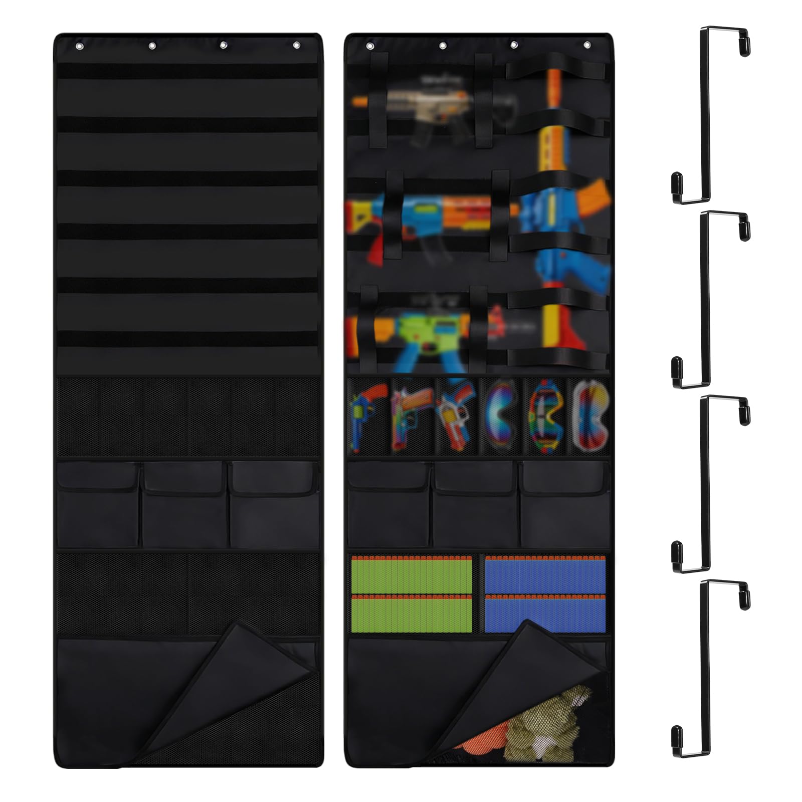 Over the Door Toy Gun Organizer, Storage Bags Hanger with 10 Pockets for Foam Blasters Darts Goggles & Accessories Ideal for Baby Home Kids Rooms and Game Rooms (Black)