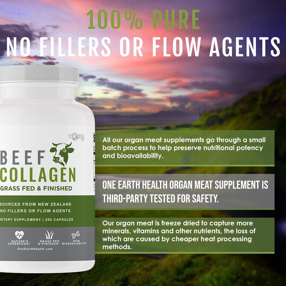 One Earth Health Grass Fed Beef Collagen - New Zealand Sourced Natural Collagen Supplement. (Types I, II, III, V and X) 3,000mg per Serving