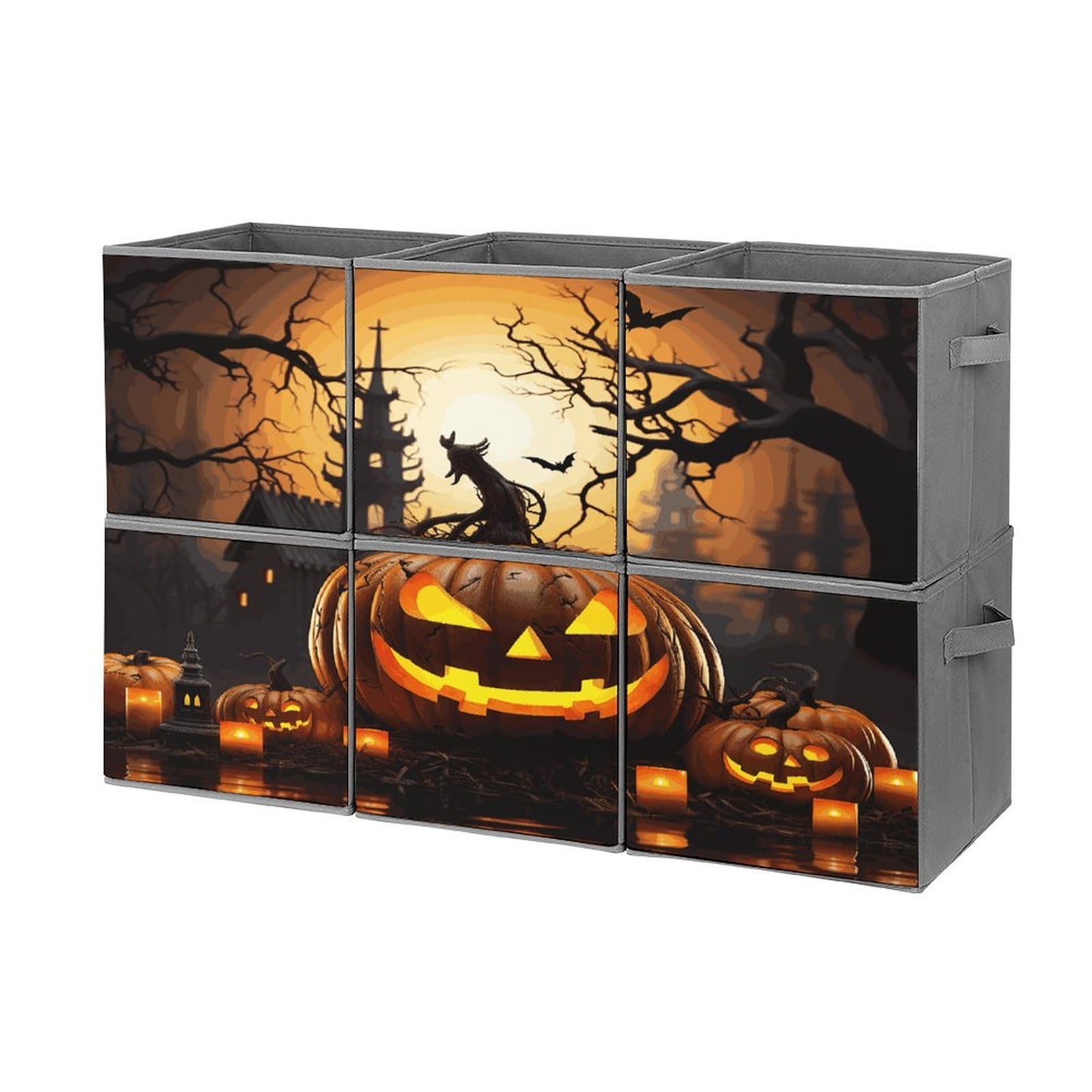 Btcowzrv Style Halloween Pumpkin Storage Cubes, 6 Pack Oxford Fabric Foldable Collapsible Bins With Handles, Cubby Storage Baskets Boxes For Closet Shelves Office Organization