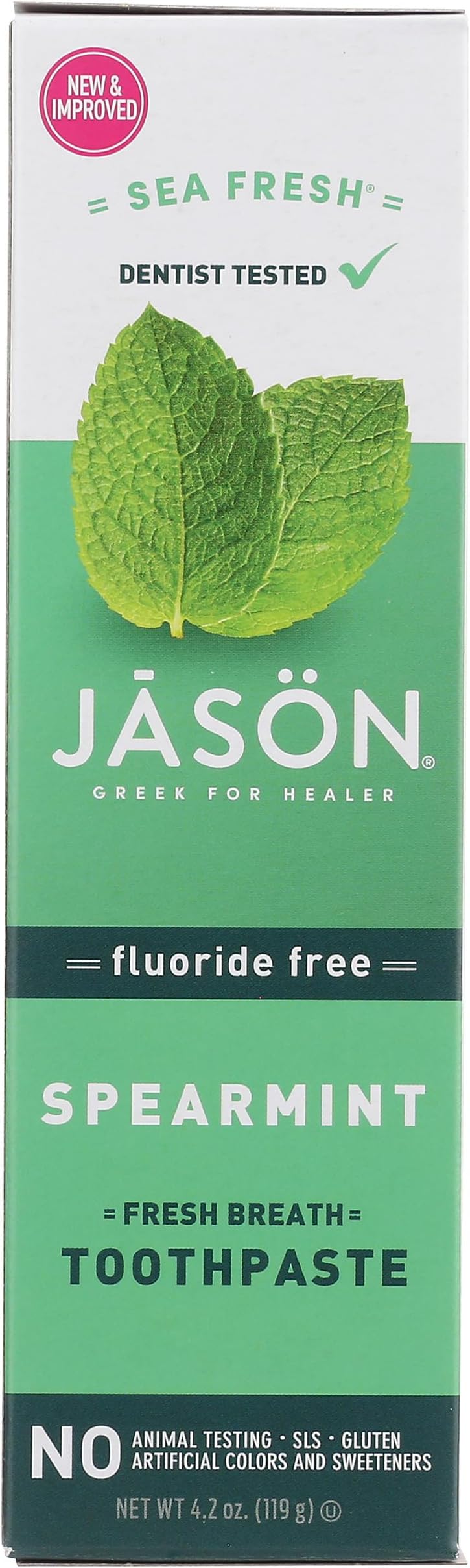 Jason Sea Fresh Spearmint Toothpaste | Fluoride-Free Formula | For Fresh Breath & Sparkling White Teeth Smile | 4.2Oz