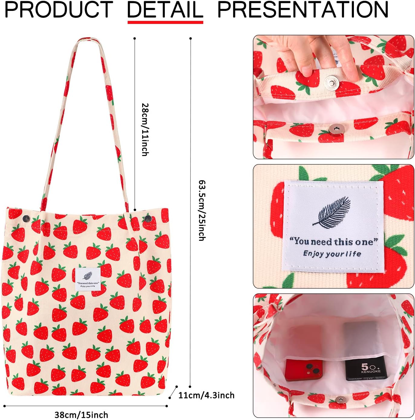 Ayieyill Corduroy Tote Bag for Women Canvas Shoulder Cord Purse with Inner Pocket image 5