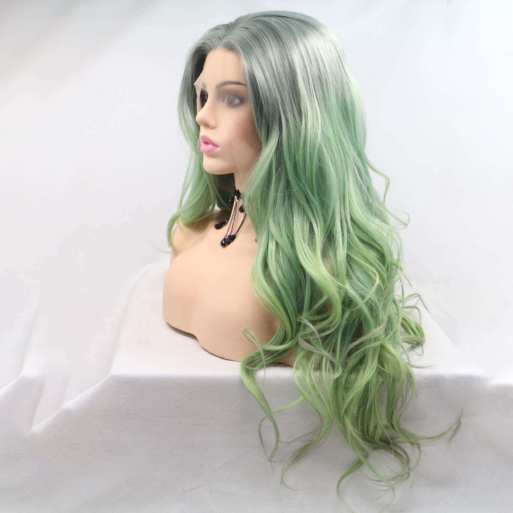 Karissa Ombre Grüne Mode Wasser Welle Synthetische Lace Front Perücken für Frauen Mittelteil Beste Glueless Hitzebeständige Hochzeit Billig Perücke Täglichen Make-Up 24 zoll