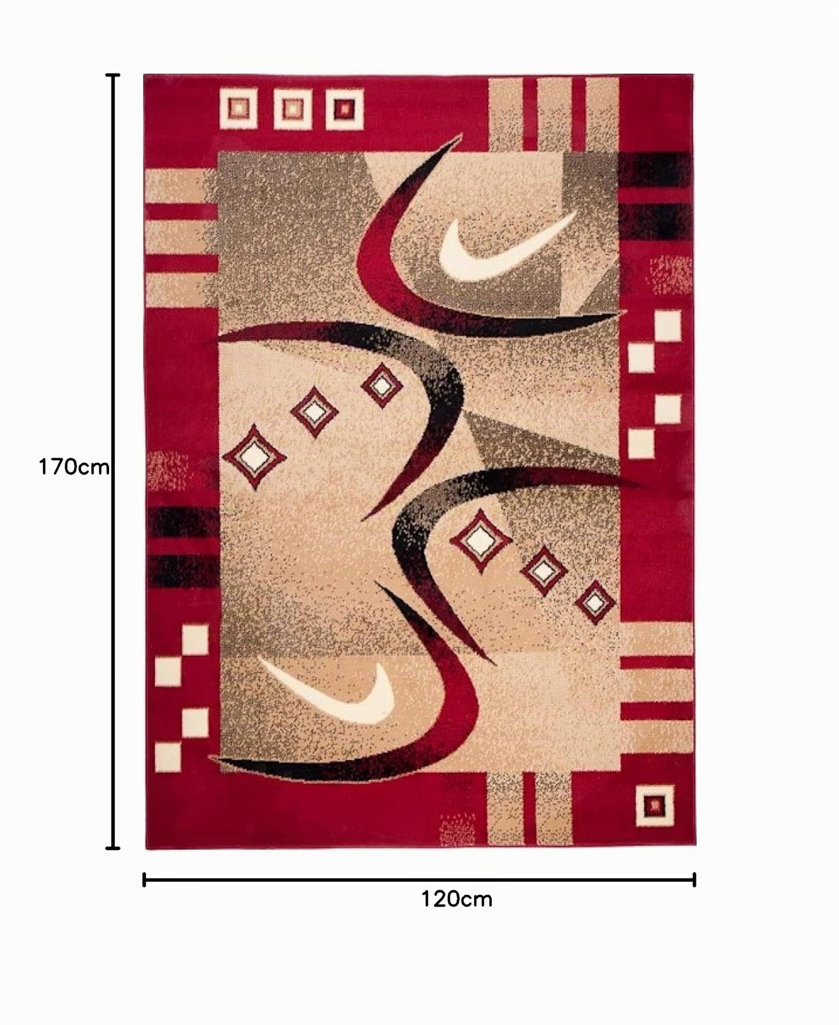 TAPISO Atlas Teppich Kurzflor Vierecke Streifen Bumerang Rot Beige Schwarz Bordüre Schlafzimmmer Wohnzimmer Vintage Modern ÖKOTEX 120 x 170 cm | Wohnzimmer Klassisch Schlafzimmer Traditioneller Teppich für Wohnzimmer Esszimmer OEKO-TEX