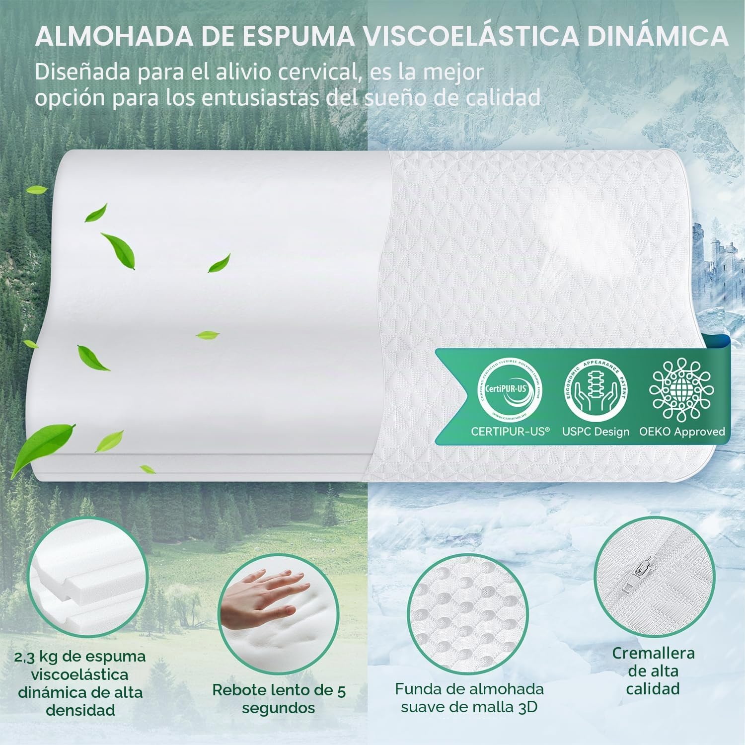 TESQ Almohada sándwich de Tres Capas: Fabricada con Espuma viscoelástica dinámica, diseñada ergonómicamente y con Contorno Ajustable, Adecuada para posición Lateral, Espalda y Boca Abajo.