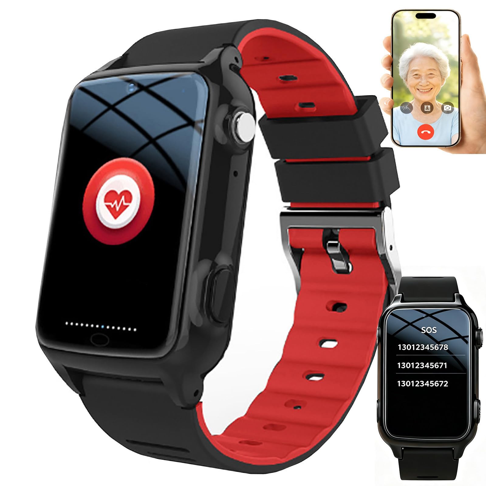 ZHZWwansuGE Smartwatch For Seniors, Fall Detection, SOS Alerts, HD Video Calling, GPS Tracking, Health Monitoring, Anti-Loss Features, Simple To Operate, Emergency Watch For The Elderly Red
